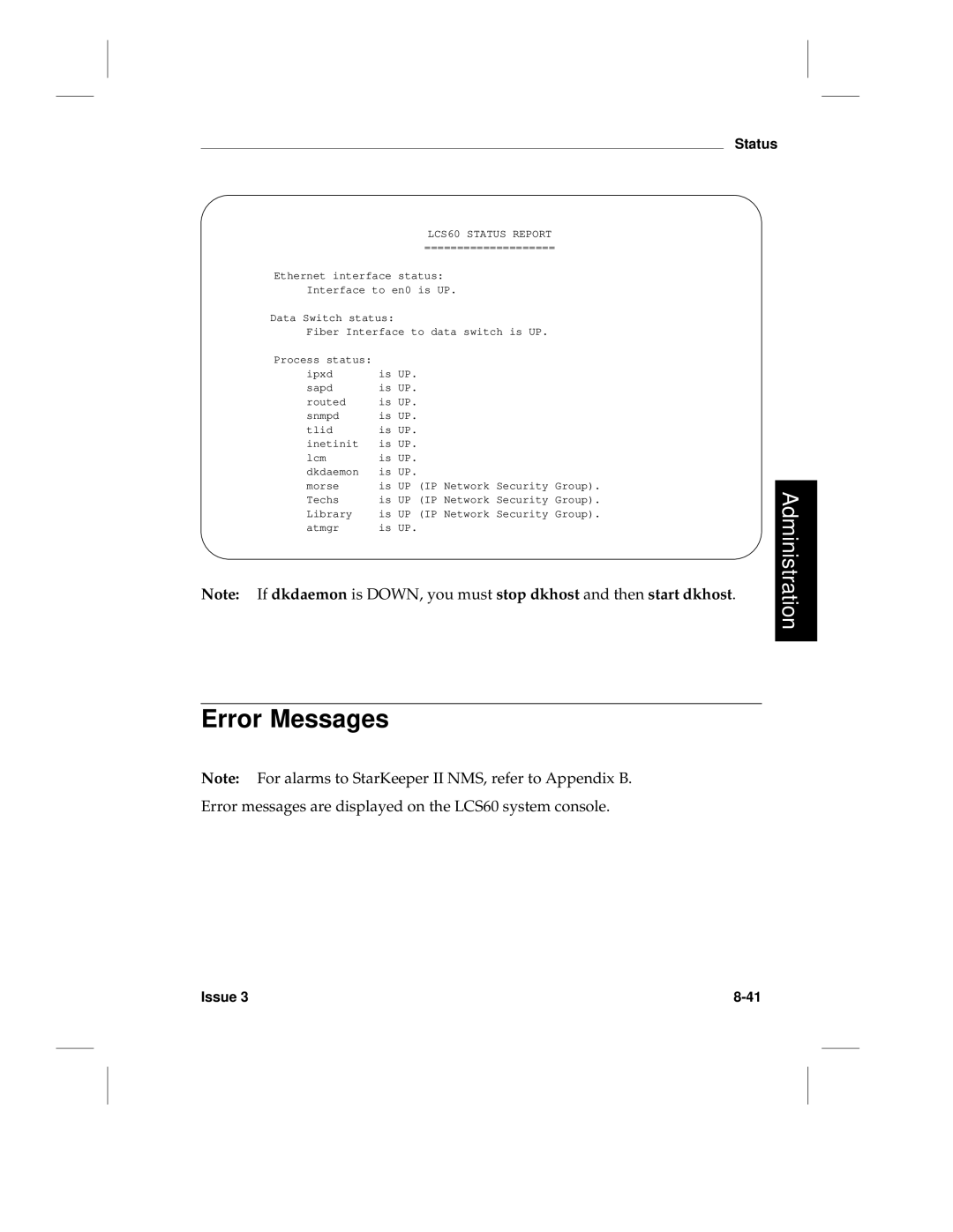 HP manual Error Messages, LCS60 Status Report 