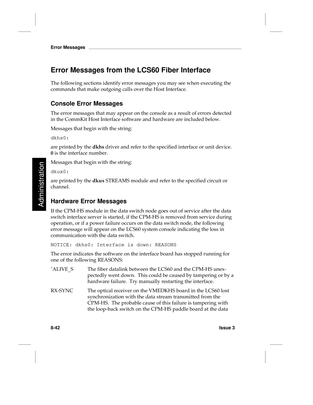 HP manual Error Messages from the LCS60 Fiber Interface, Console Error Messages, Hardware Error Messages 