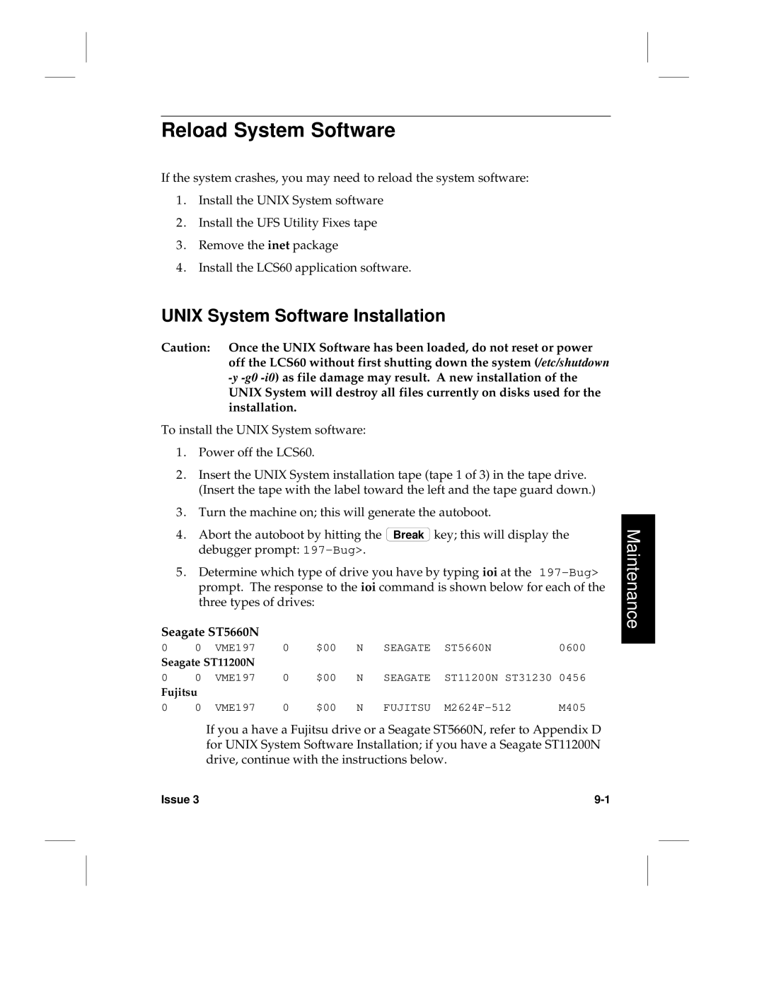 HP LCS60 manual Reload System Software, Unix System Software Installation, Seagate ST5660N, Seagate ST11200N, Fujitsu 