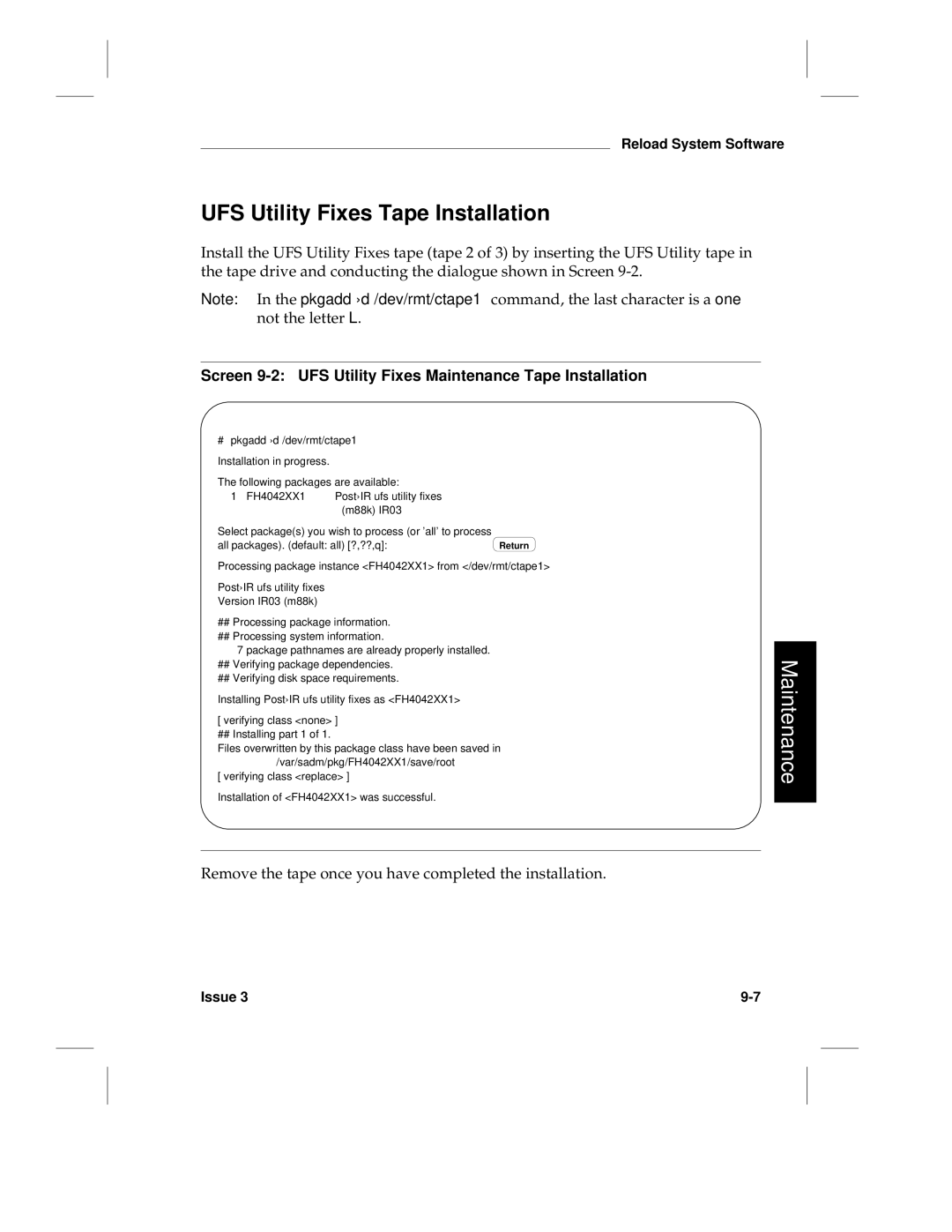 HP LCS60 manual UFS Utility Fixes Tape Installation, Screen 9-2 UFS Utility Fixes Maintenance Tape Installation 