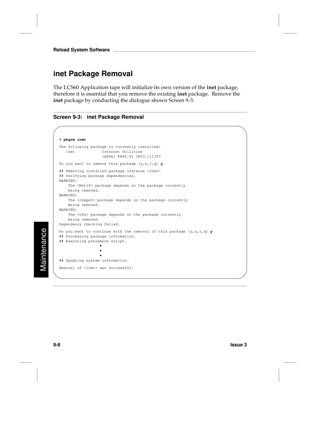 HP LCS60 manual Inet Package Removal, Screen 9-3 inet Package Removal, # pkgrm inet 