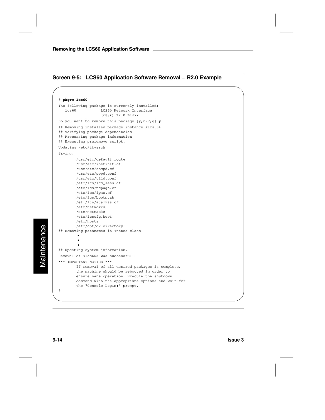 HP manual Screen 9-5 LCS60 Application Software Removal R2.0 Example, # pkgrm lcs60 