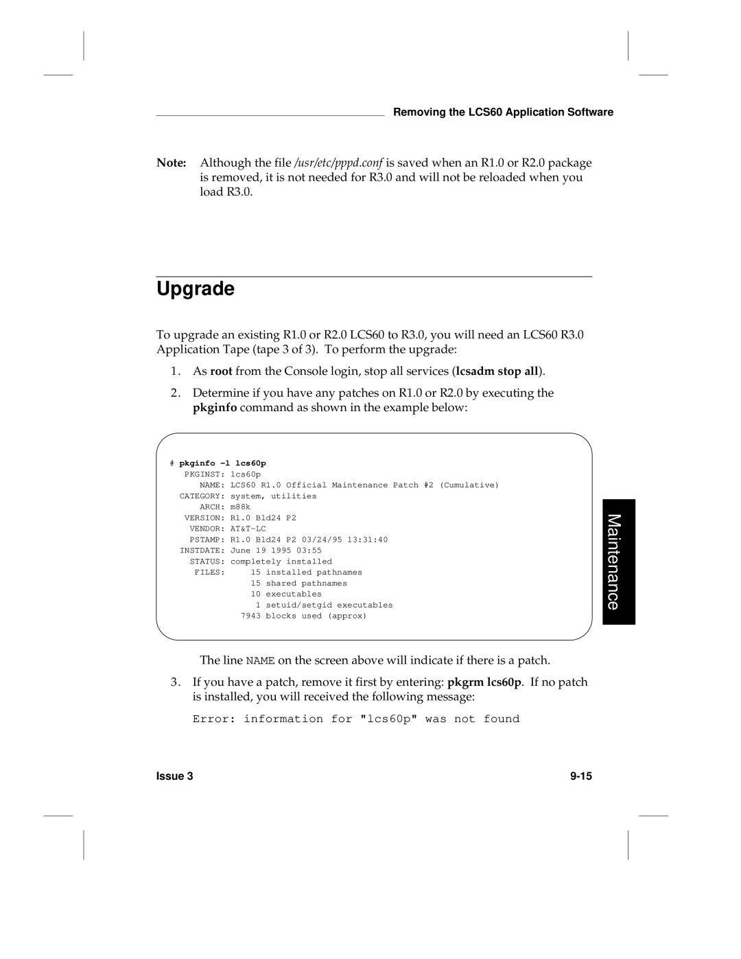 HP LCS60 manual Upgrade, # pkginfo -l lcs60p, Vendor AT&T-LC 