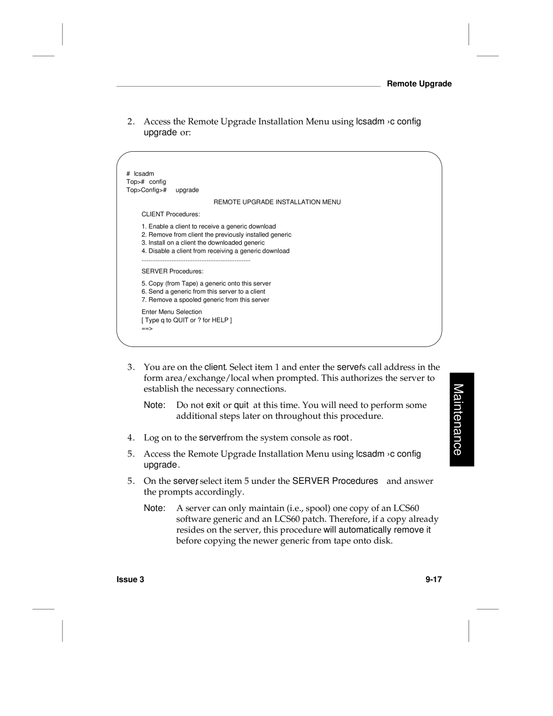 HP LCS60 manual # lcsadm, Remote Upgrade Installation Menu 