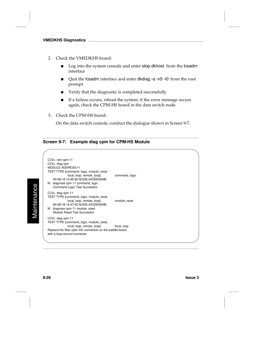 HP LCS60 manual Screen 9-7 Example diag cpm for CPM-HS Module, CC0 rem cpm CC0 diag cpm 