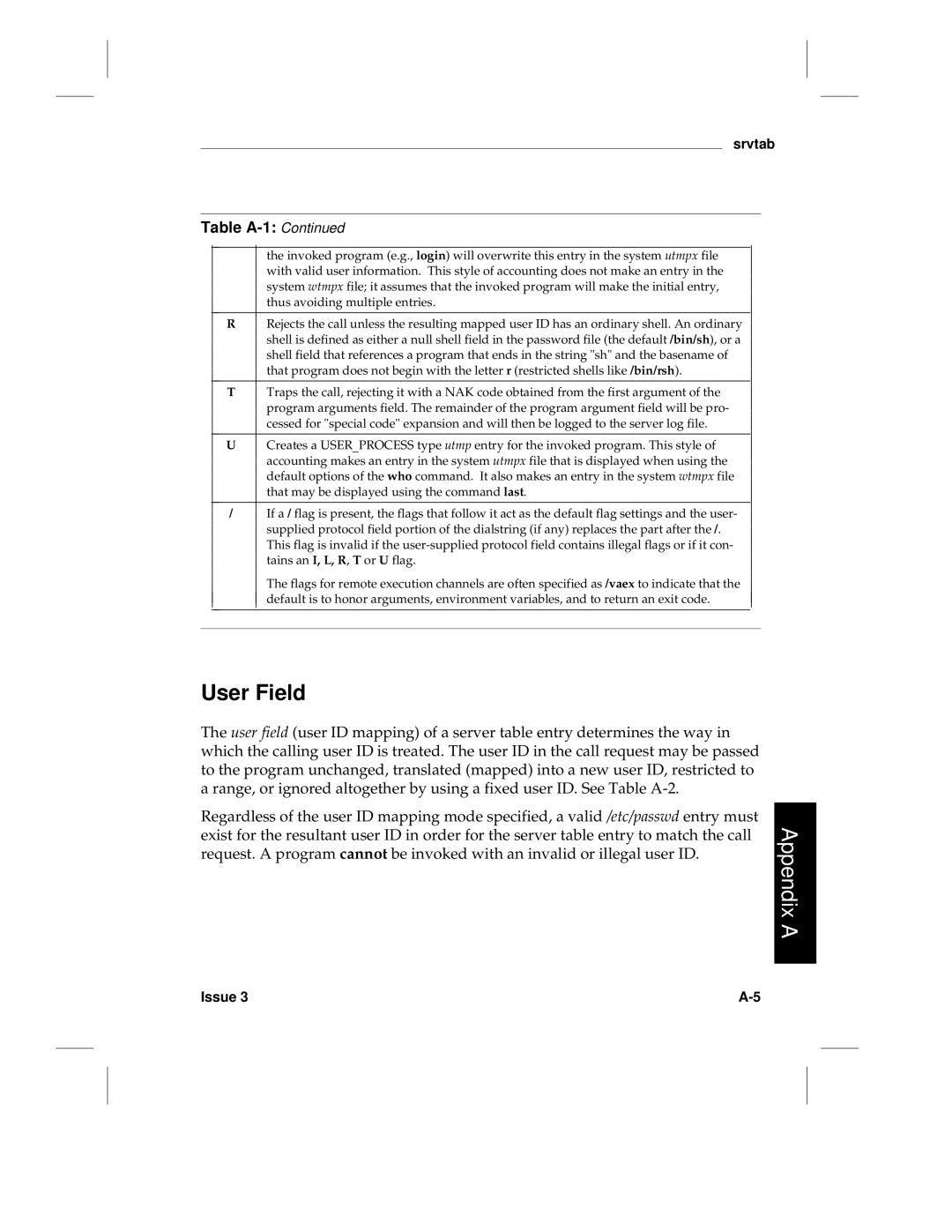 HP LCS60 manual User Field, Table A-1 