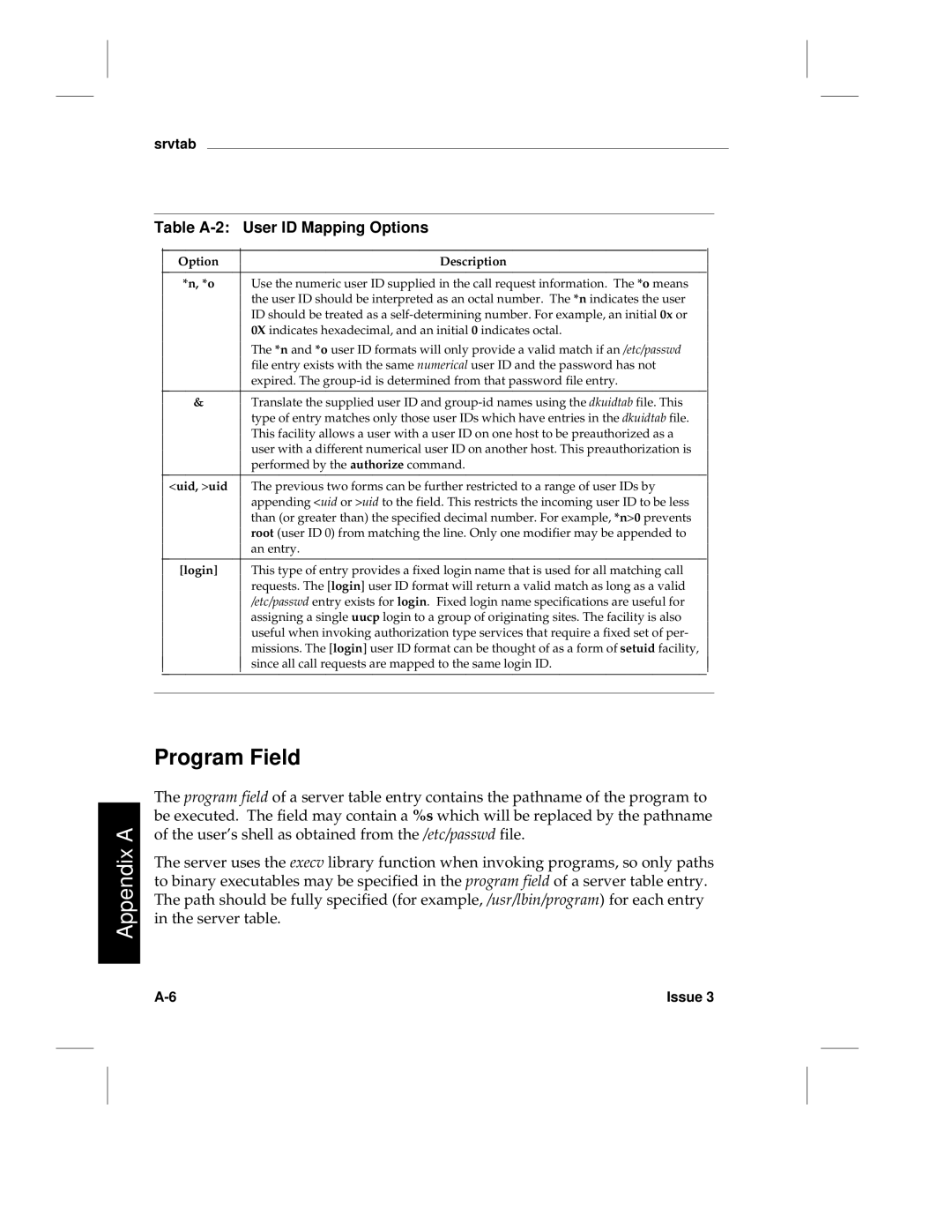 HP LCS60 manual Program Field, Table A-2 User ID Mapping Options 