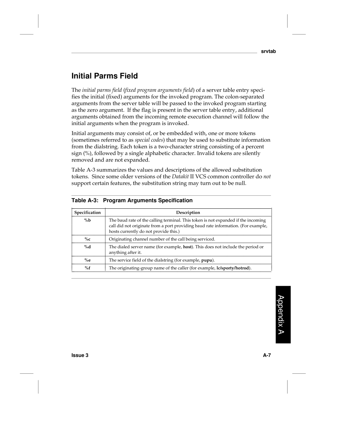 HP LCS60 manual Initial Parms Field, Table A-3 Program Arguments Specification 