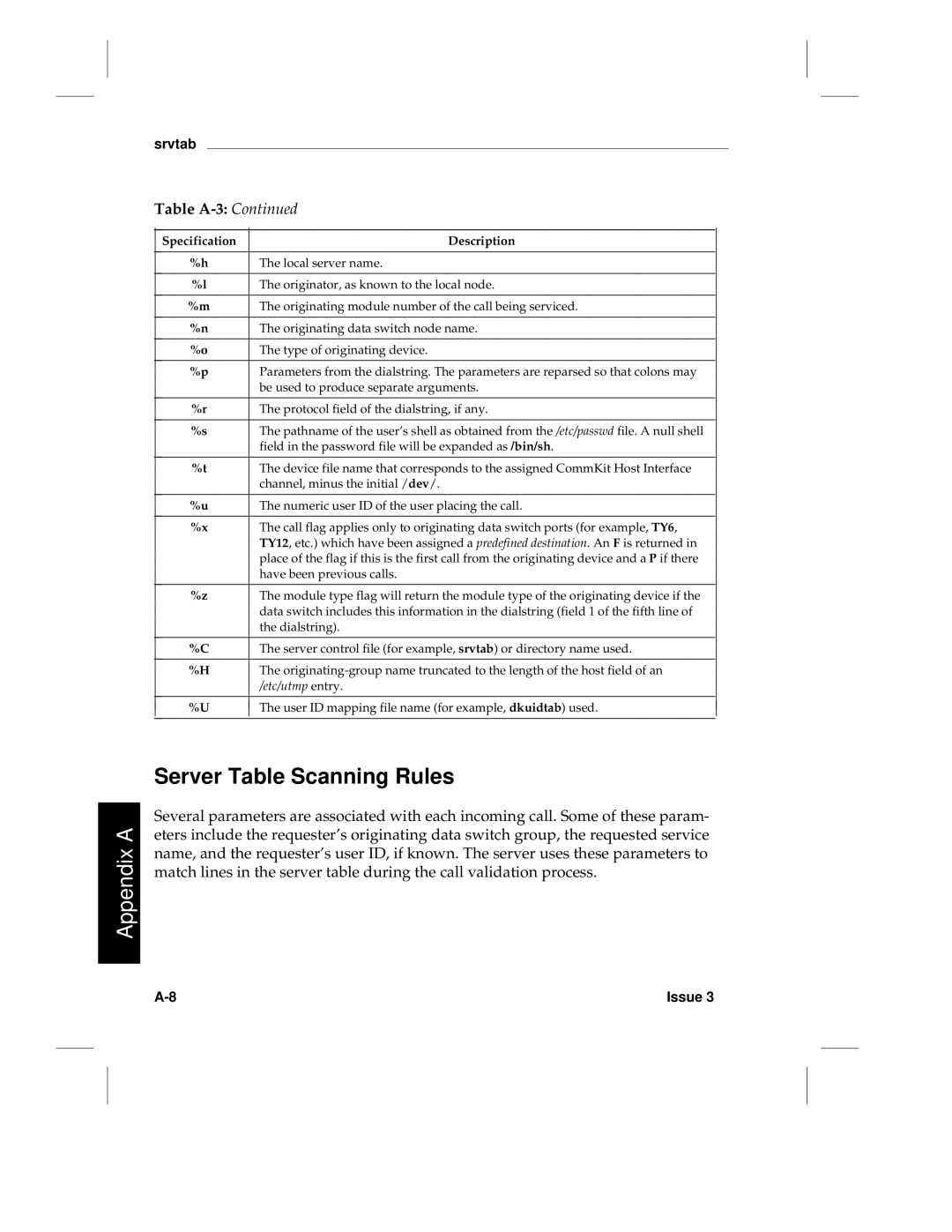 HP LCS60 manual Server Table Scanning Rules, Table A-3 