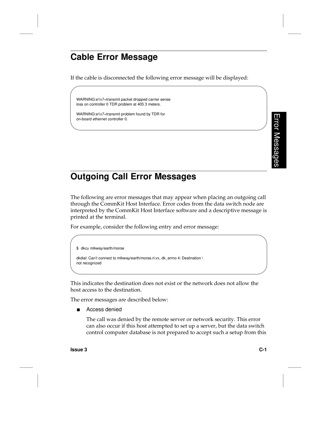 HP LCS60 manual Cable Error Message, Outgoing Call Error Messages, Access denied 