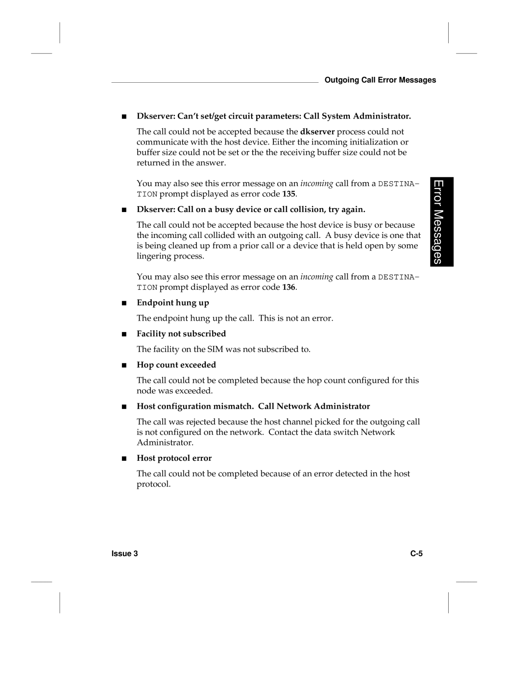 HP LCS60 manual Dkserver Call on a busy device or call collision, try again, Endpoint hung up, Facility not subscribed 