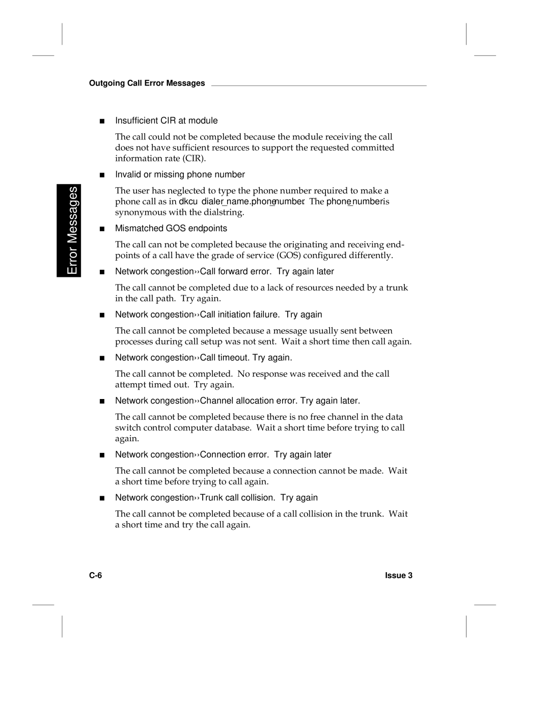 HP LCS60 manual Insufficient CIR at module, Invalid or missing phone number, Mismatched GOS endpoints 