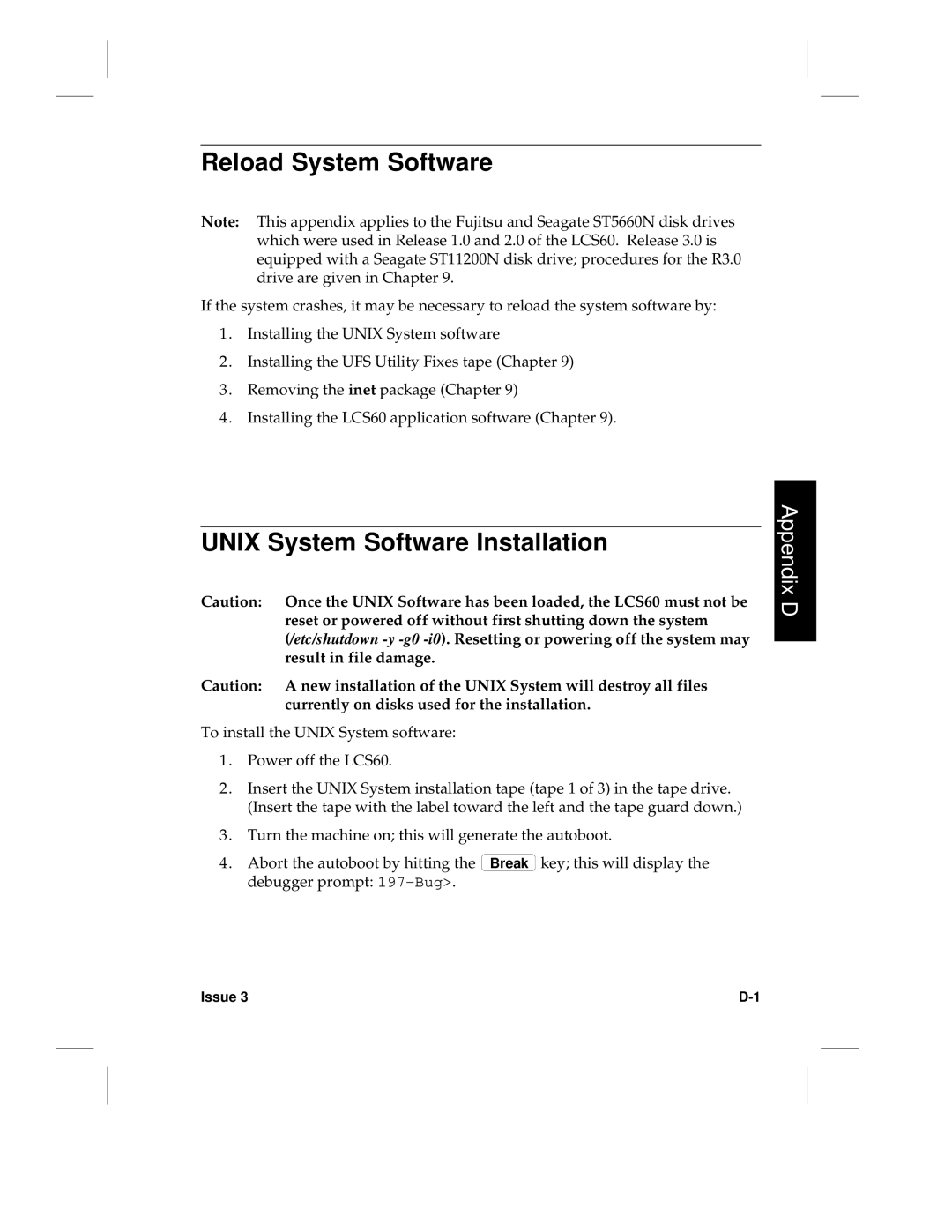 HP LCS60 manual Reload System Software, Unix System Software Installation 