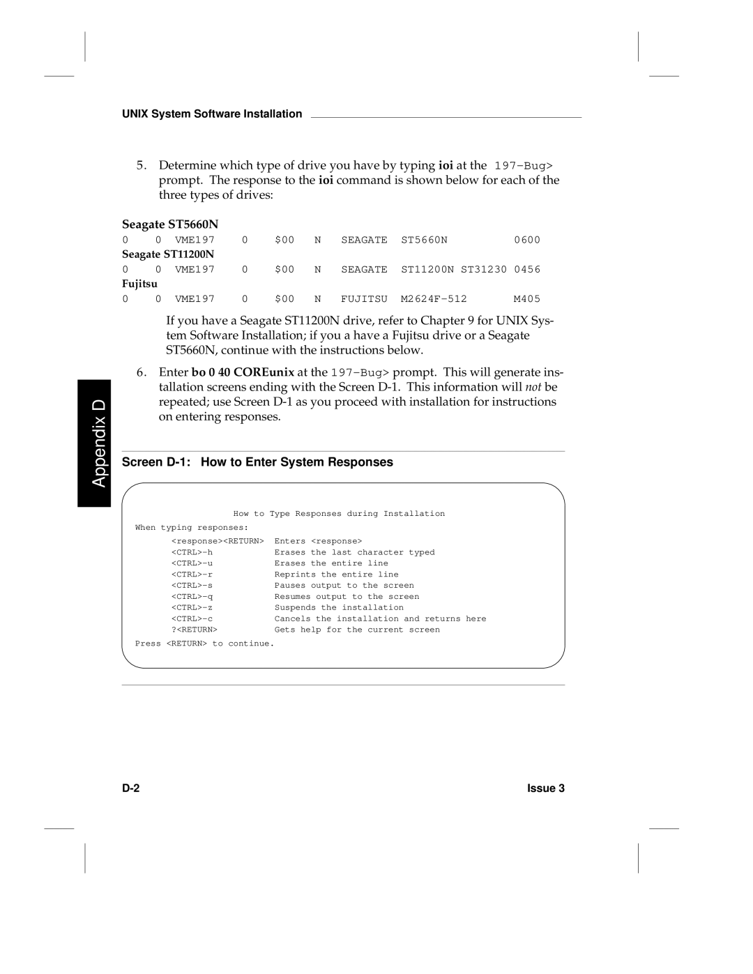 HP LCS60 manual If you have a Seagate ST11200N drive, refer to for Unix Sys, Screen D-1 How to Enter System Responses 