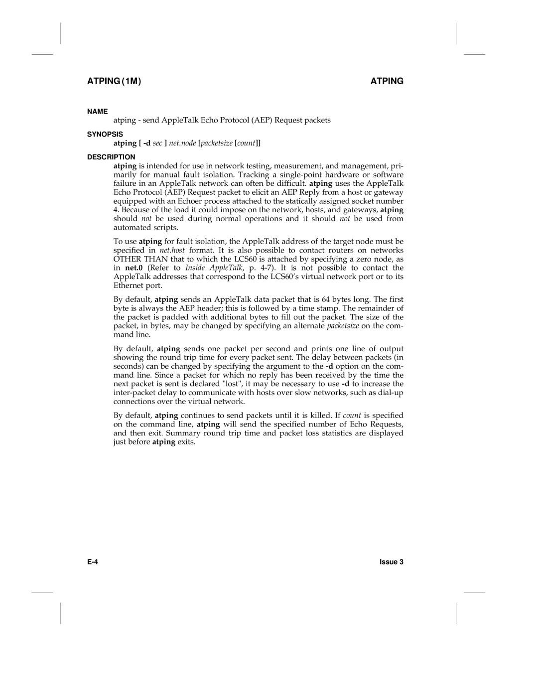 HP LCS60 manual Atping 1M, Atping -dsec net.node packetsize count 