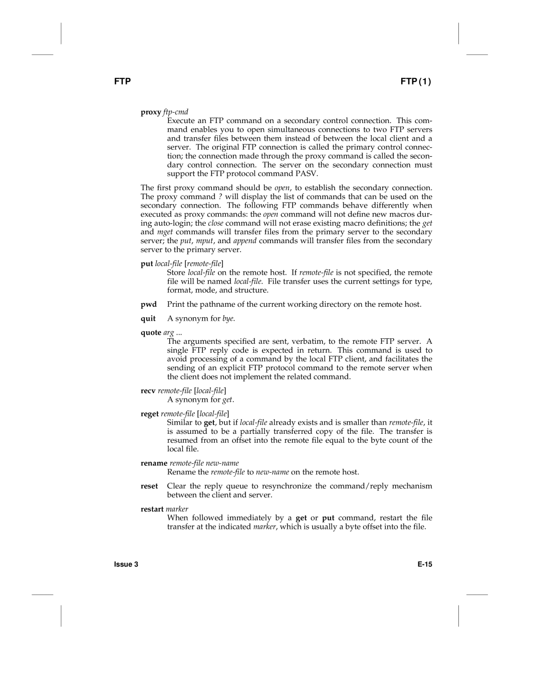 HP LCS60 manual Proxy ftp-cmd, Put local-file remote-file, Quote arg, Rename remote-file new-name, Restart marker 