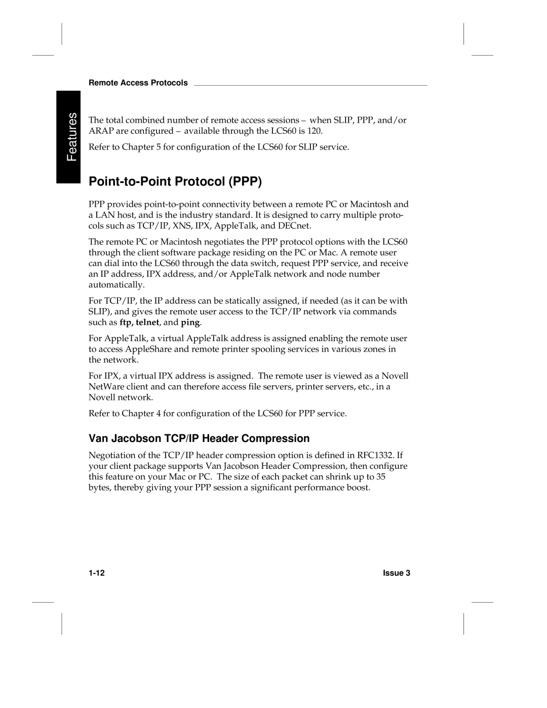 HP LCS60 manual Point-to-Point Protocol PPP, Van Jacobson TCP/IP Header Compression 