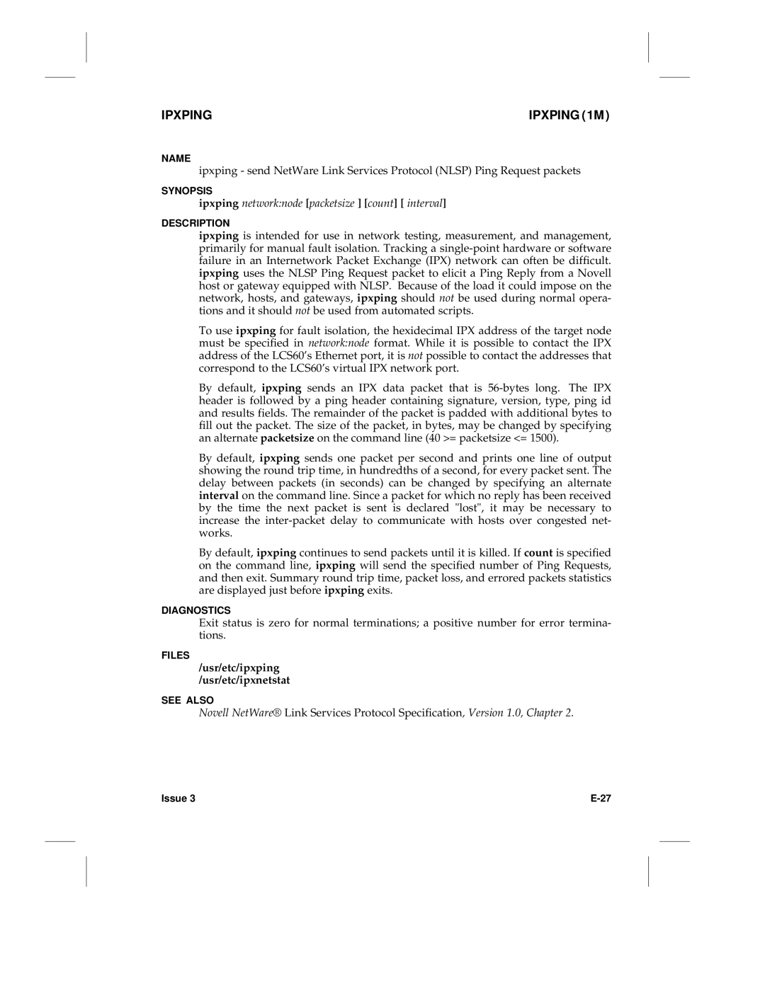 HP LCS60 manual Ipxping Ipxping 1M, Ipxping networknode packetsize count interval, Usr/etc/ipxping Usr/etc/ipxnetstat 