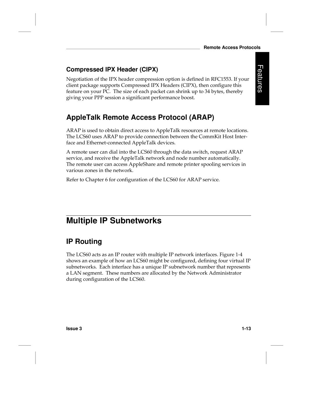 HP LCS60 manual Multiple IP Subnetworks, AppleTalk Remote Access Protocol Arap, IP Routing, Compressed IPX Header Cipx 