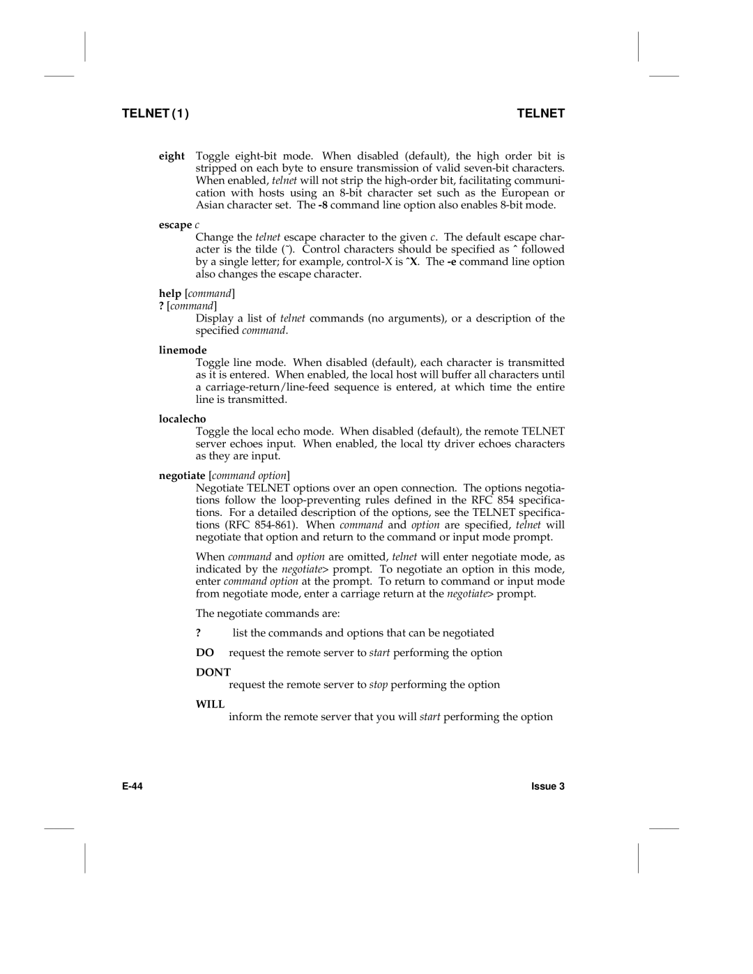 HP LCS60 manual Escape c, Help command ? command, Linemode, Localecho, Negotiate command option 