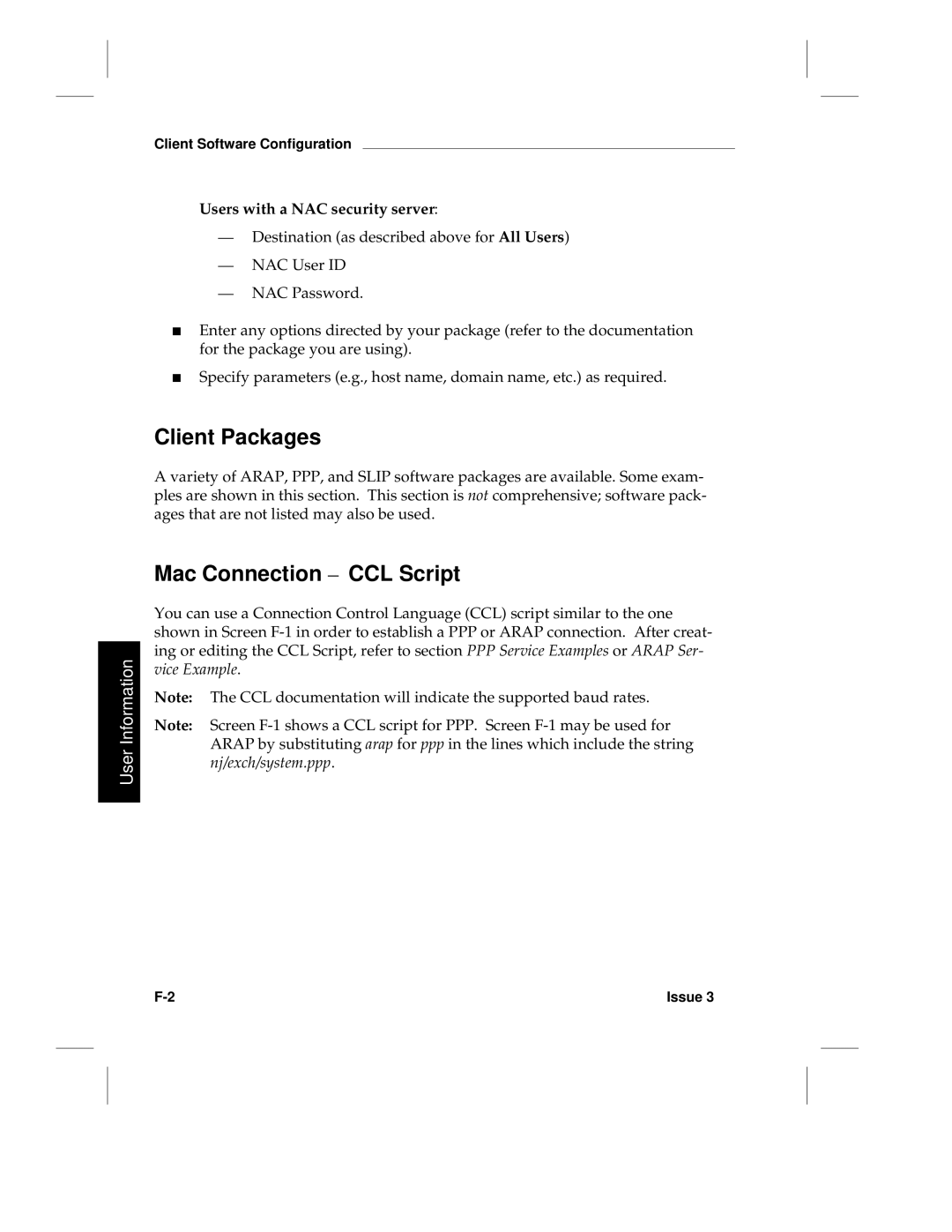 HP LCS60 manual Client Packages, Mac Connection CCL Script, Users with a NAC security server 