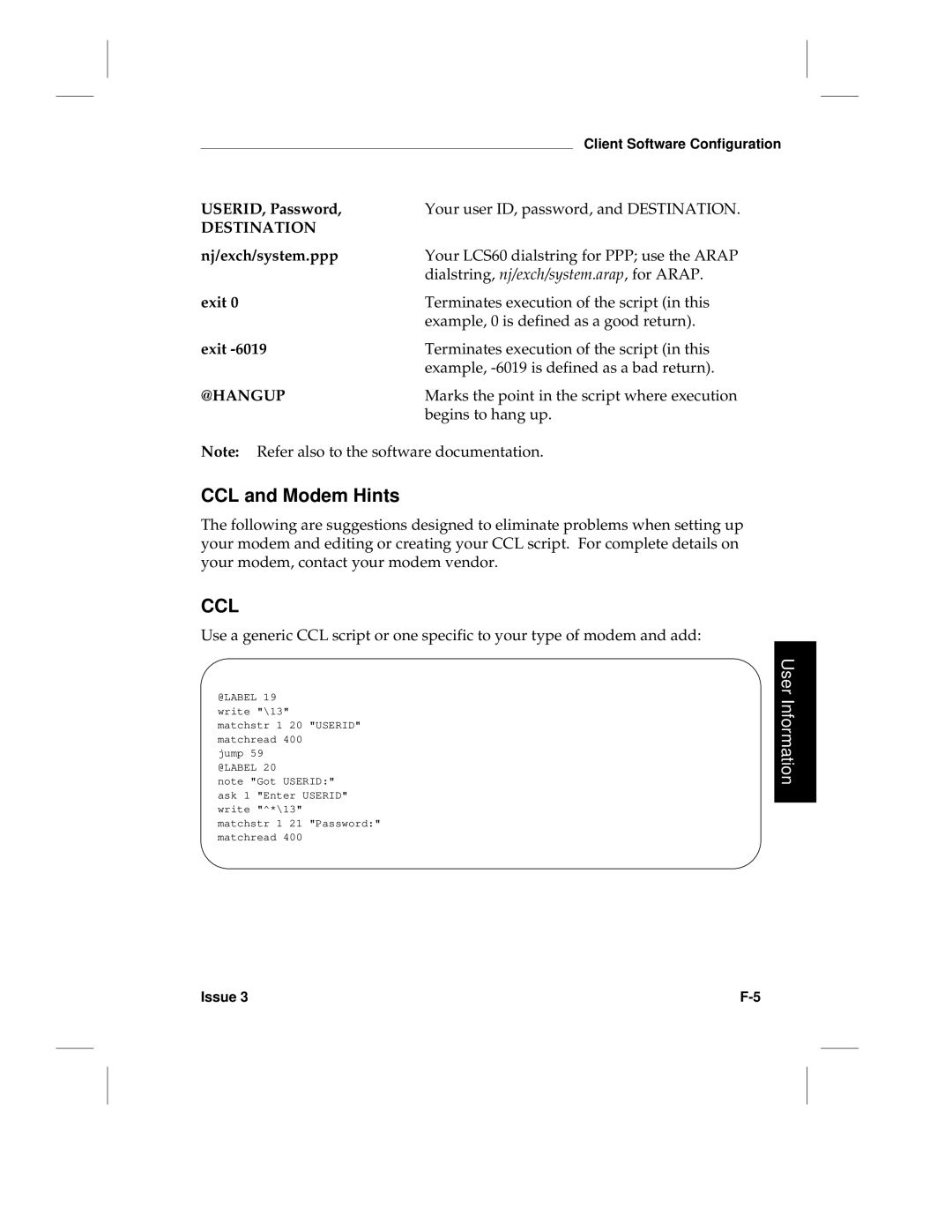 HP LCS60 manual CCL and Modem Hints, USERID, Password, Nj/exch/system.ppp, Exit 