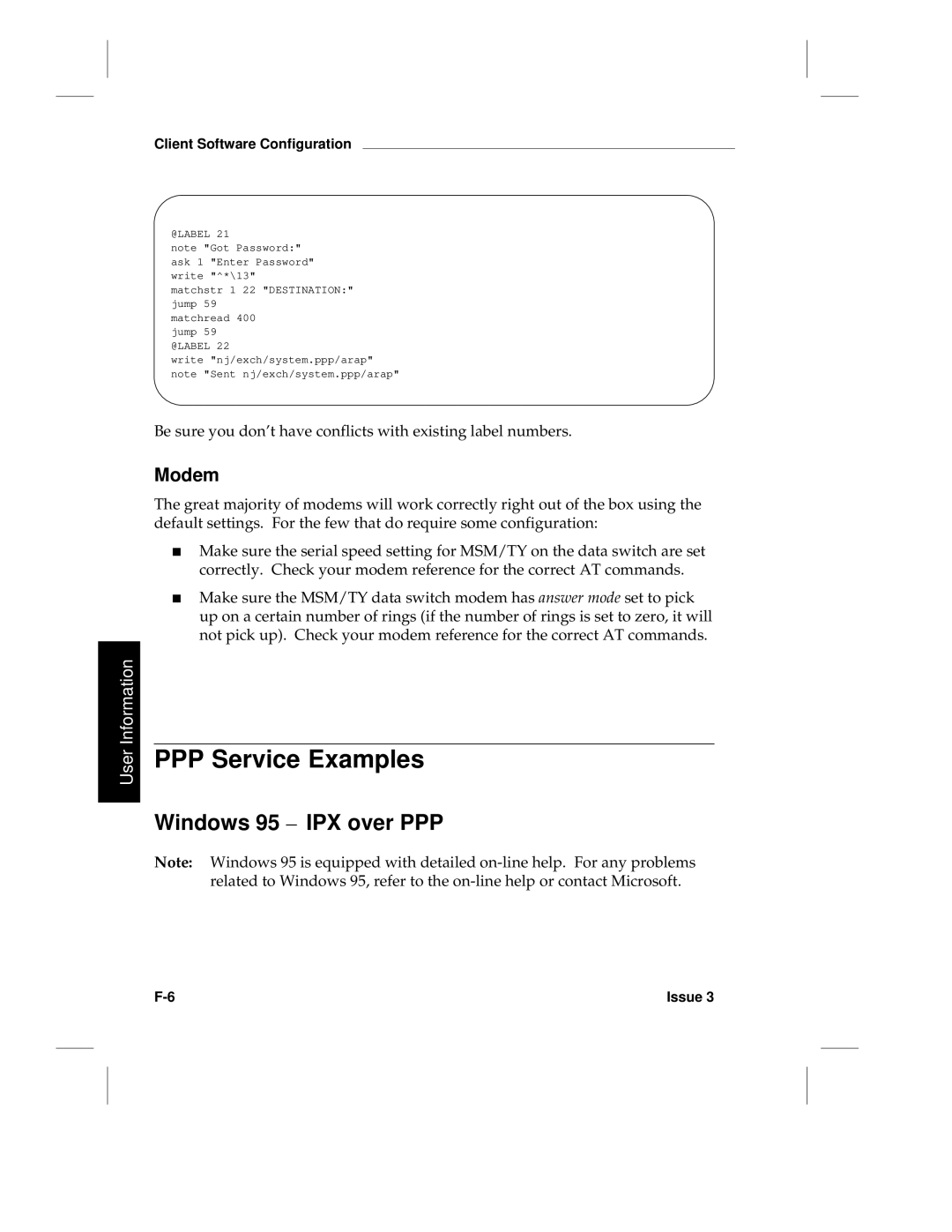 HP LCS60 PPP Service Examples, Windows 95 IPX over PPP, Modem, Be sure you dont have conflicts with existing label numbers 