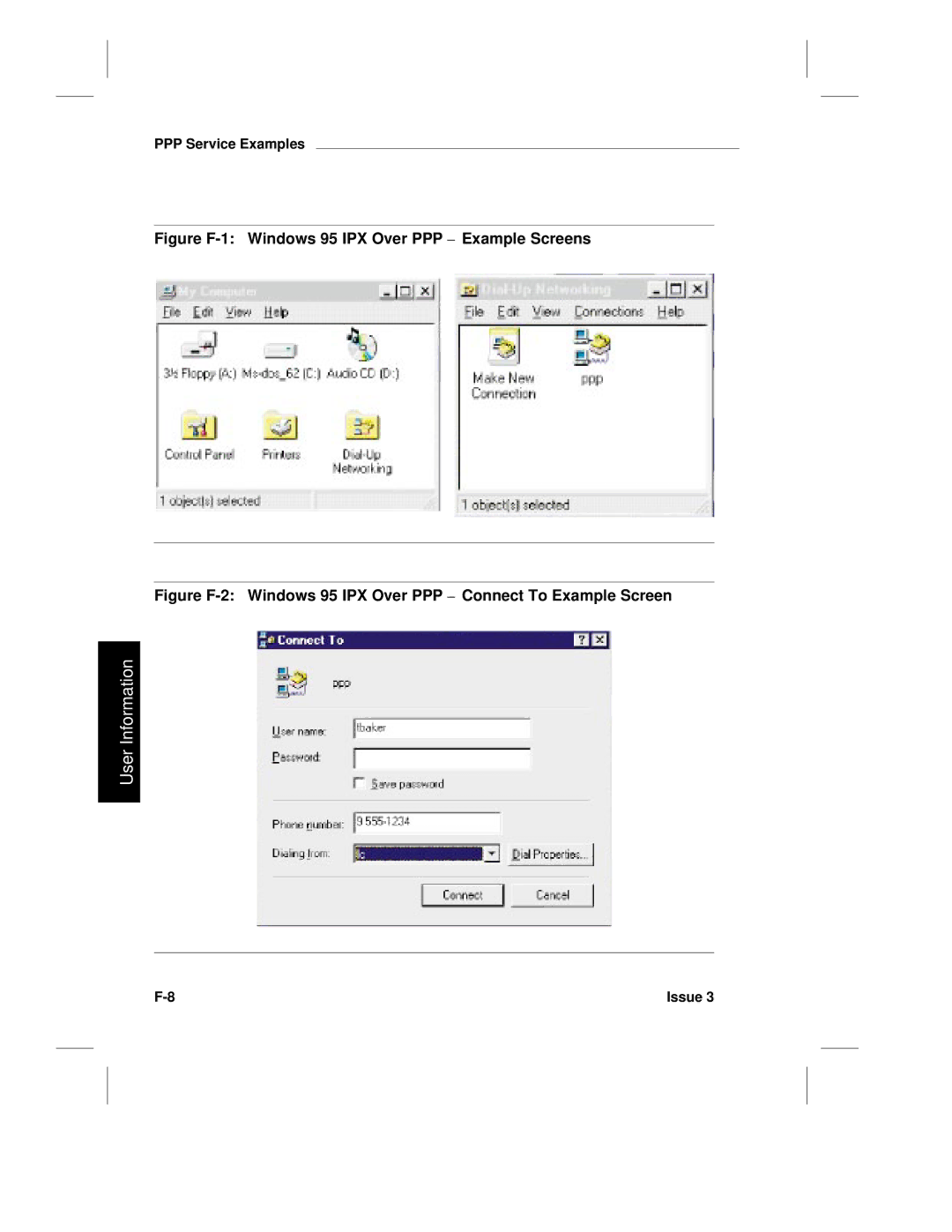 HP LCS60 manual Figure F-1 Windows 95 IPX Over PPP Example Screens 