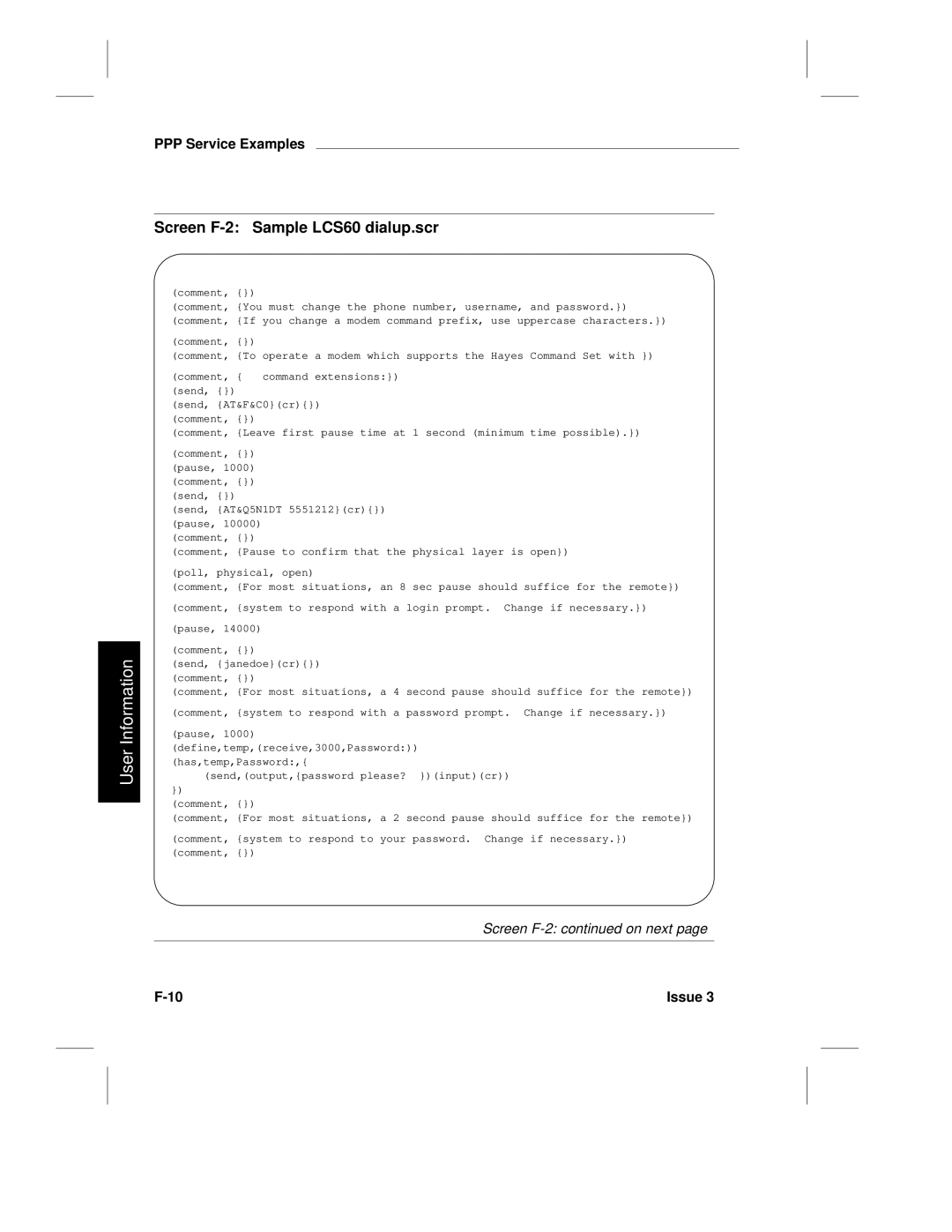 HP manual Screen F-2 Sample LCS60 dialup.scr 