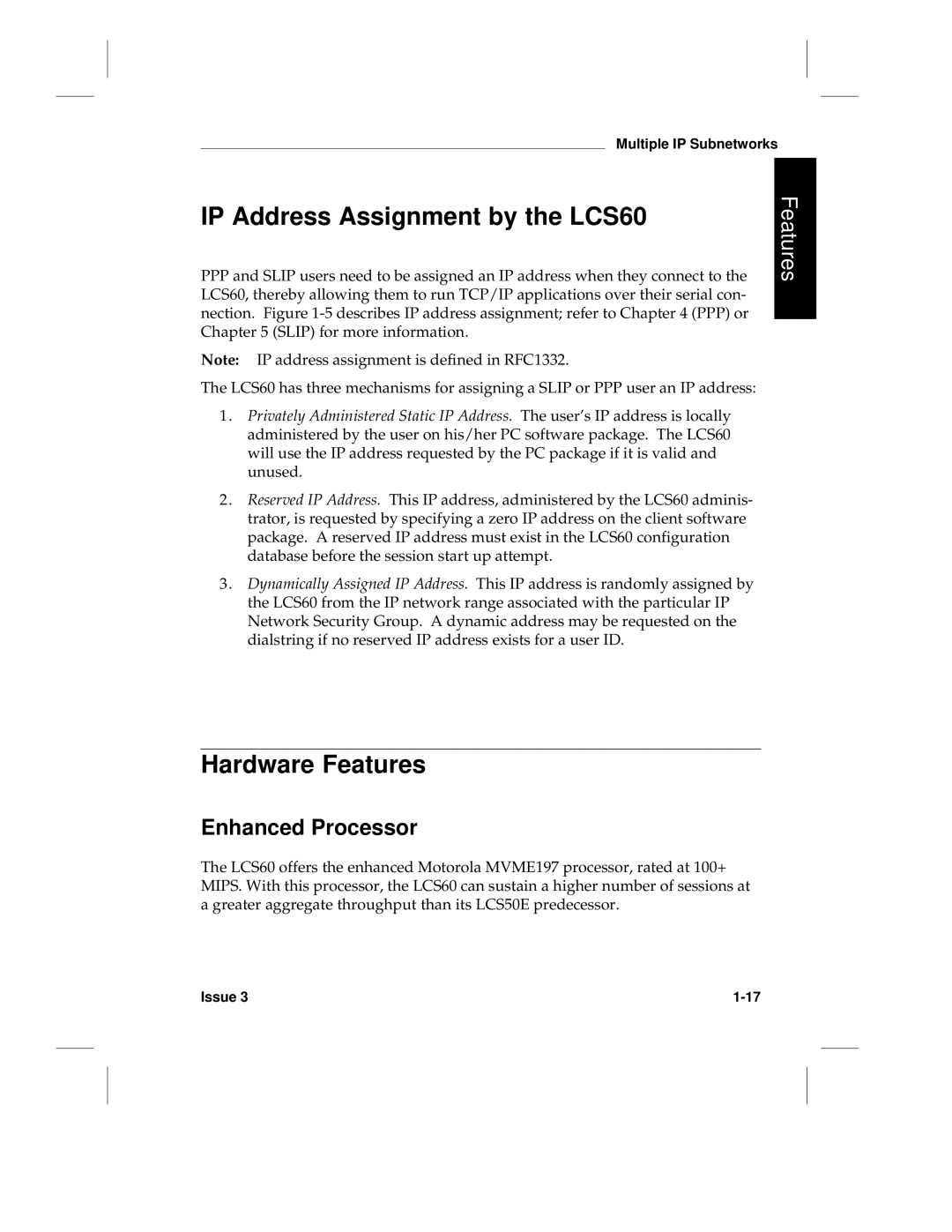 HP manual IP Address Assignment by the LCS60, Hardware Features, Enhanced Processor 