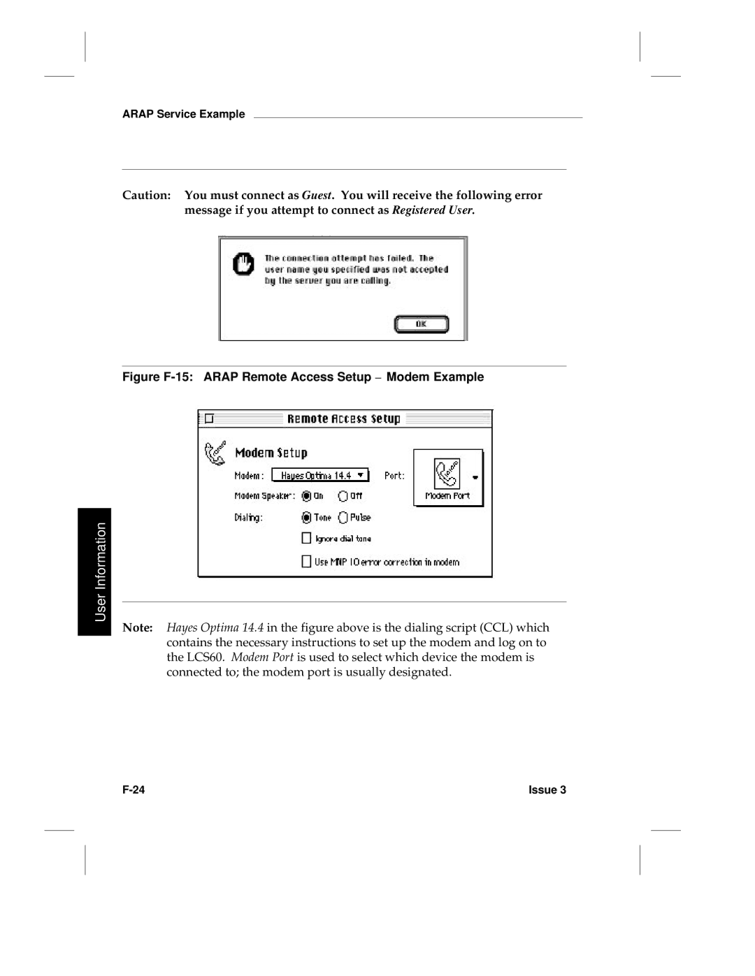 HP LCS60 manual Figure F-15 Arap Remote Access Setup Modem Example 