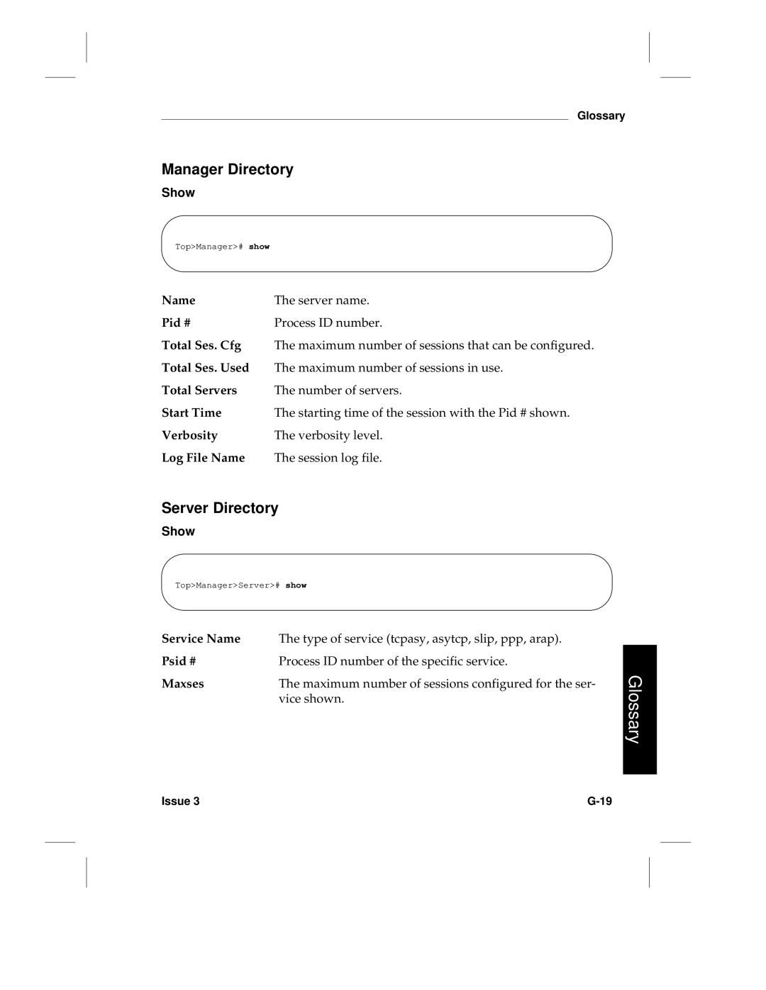 HP LCS60 manual Manager Directory, Server Directory, Service Name, Psid #, Maxses 