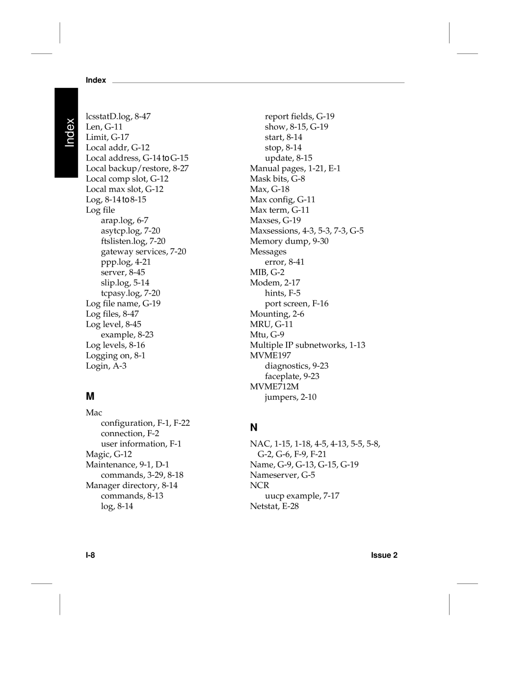 HP LCS60 LcsstatD.log, Len, G-11, Limit, G-17, Local addr, G-12, Local address, G-14 to G-15, Local backup/restore, Mac 