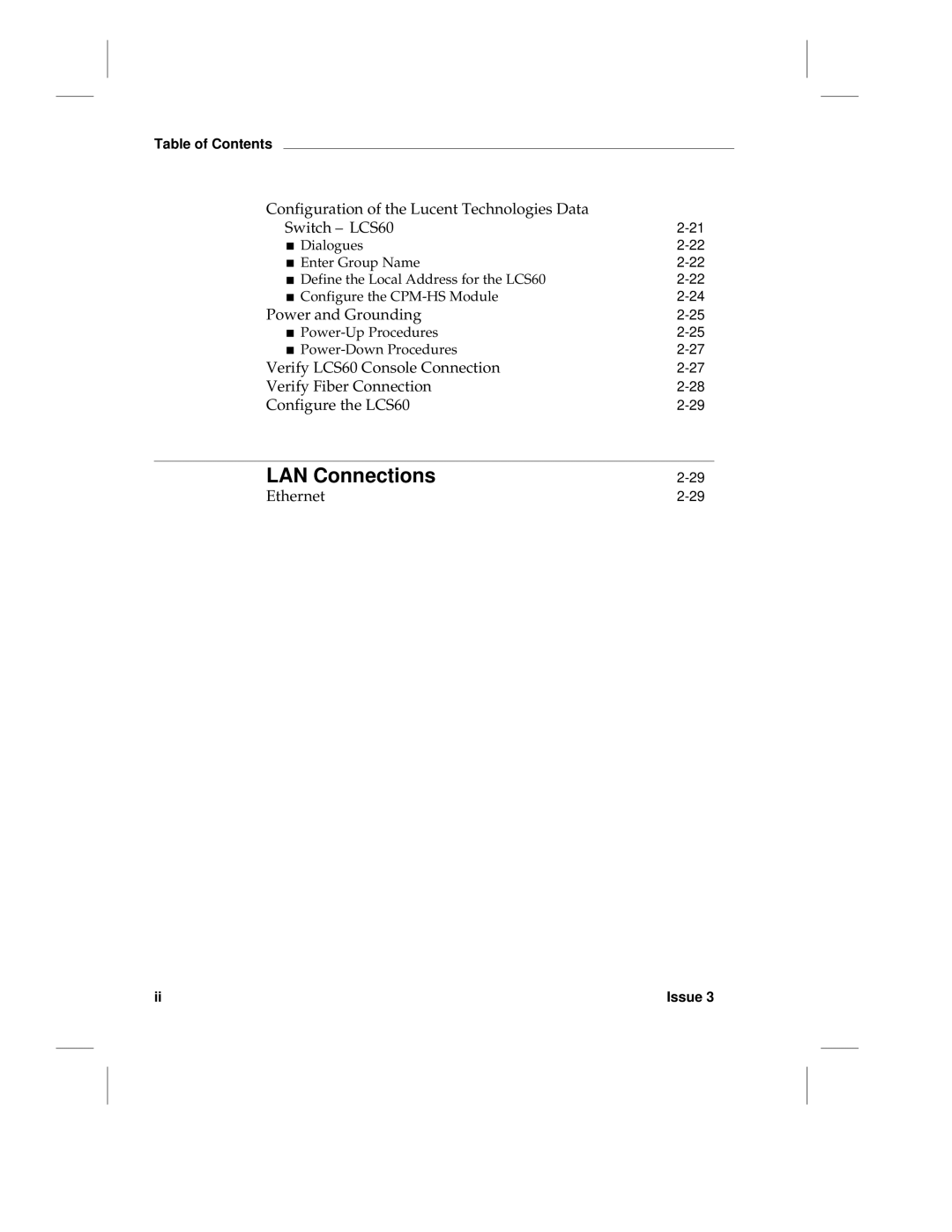 HP manual LAN Connections, Configuration of the Lucent Technologies Data Switch LCS60, Power and Grounding, Ethernet 