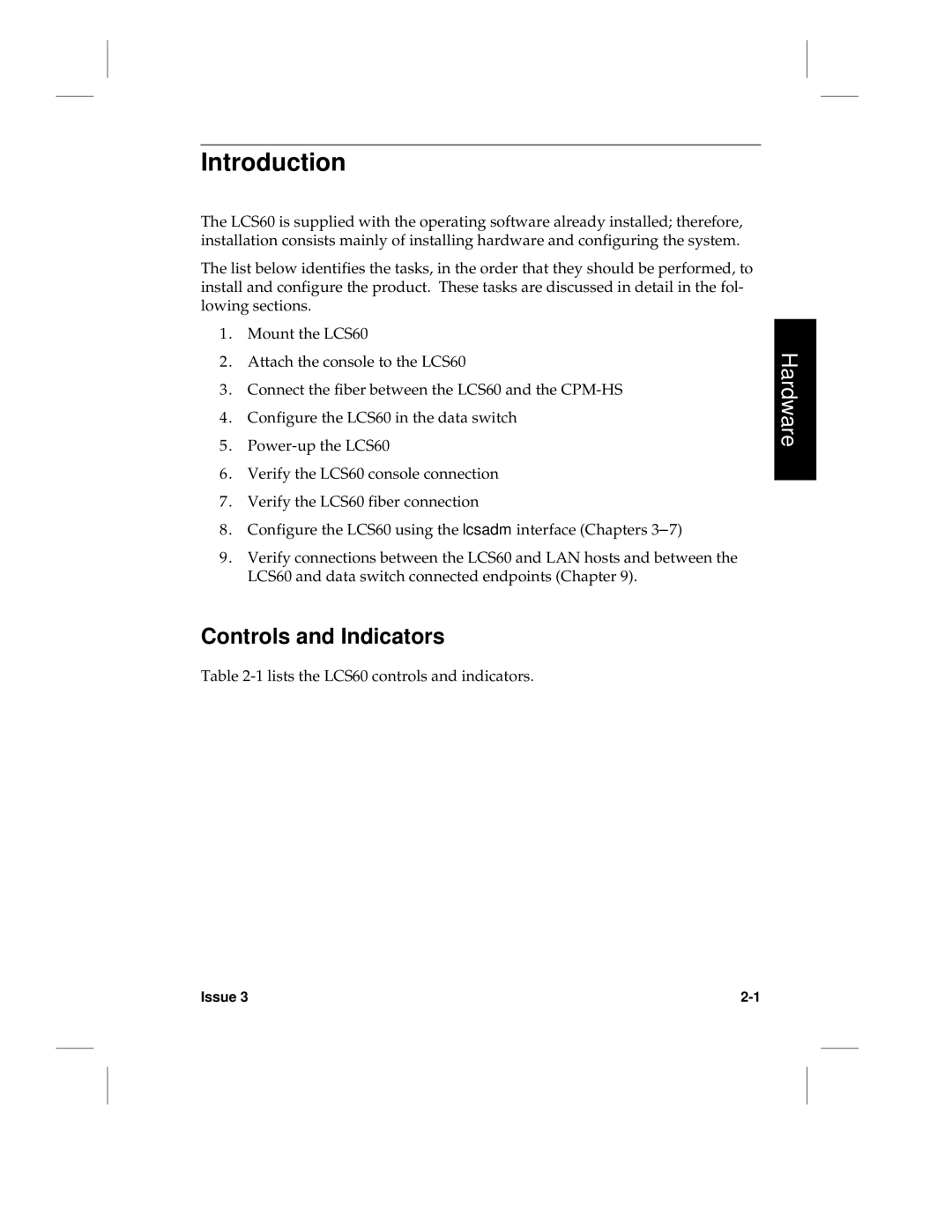 HP manual Introduction, Controls and Indicators, Lists the LCS60 controls and indicators 