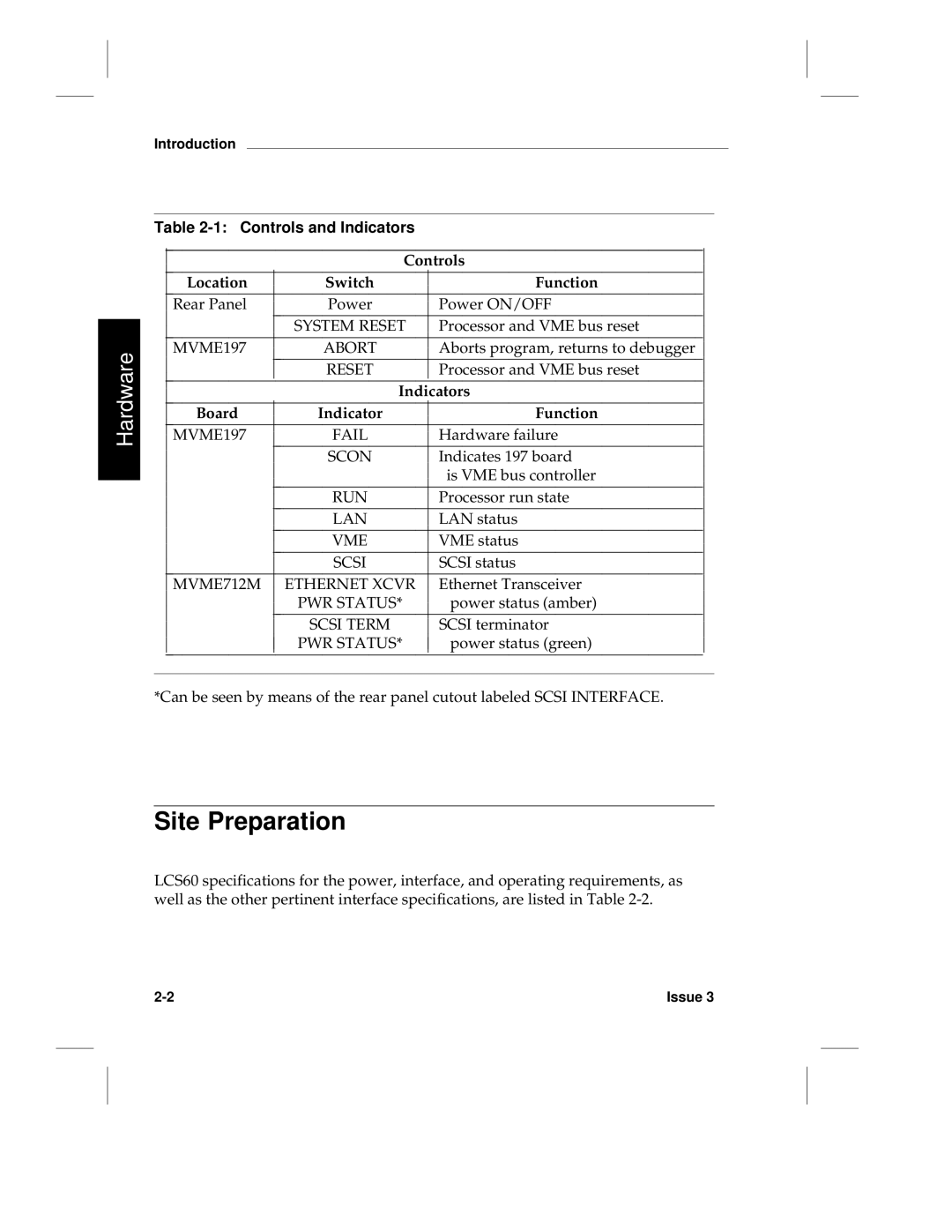 HP LCS60 manual Site Preparation, Controls and Indicators, Controls Location Switch Function, Board Indicator Function 