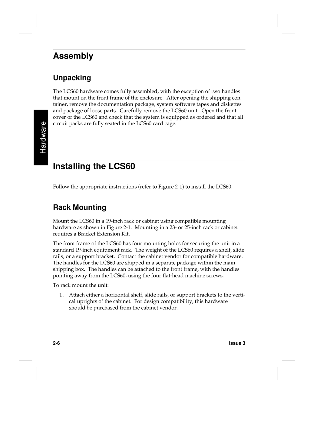 HP manual Assembly, Installing the LCS60, Unpacking, Rack Mounting 