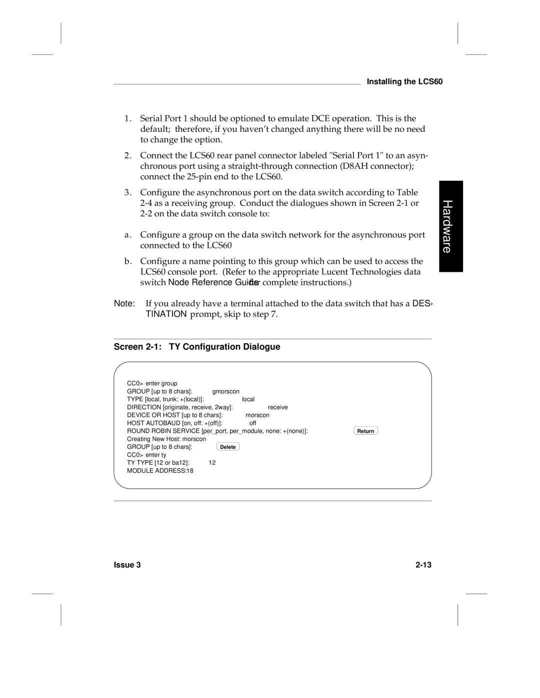 HP LCS60 manual Screen 2-1 TY Configuration Dialogue, CC0 enter group, CC0 enter ty, Module Address 