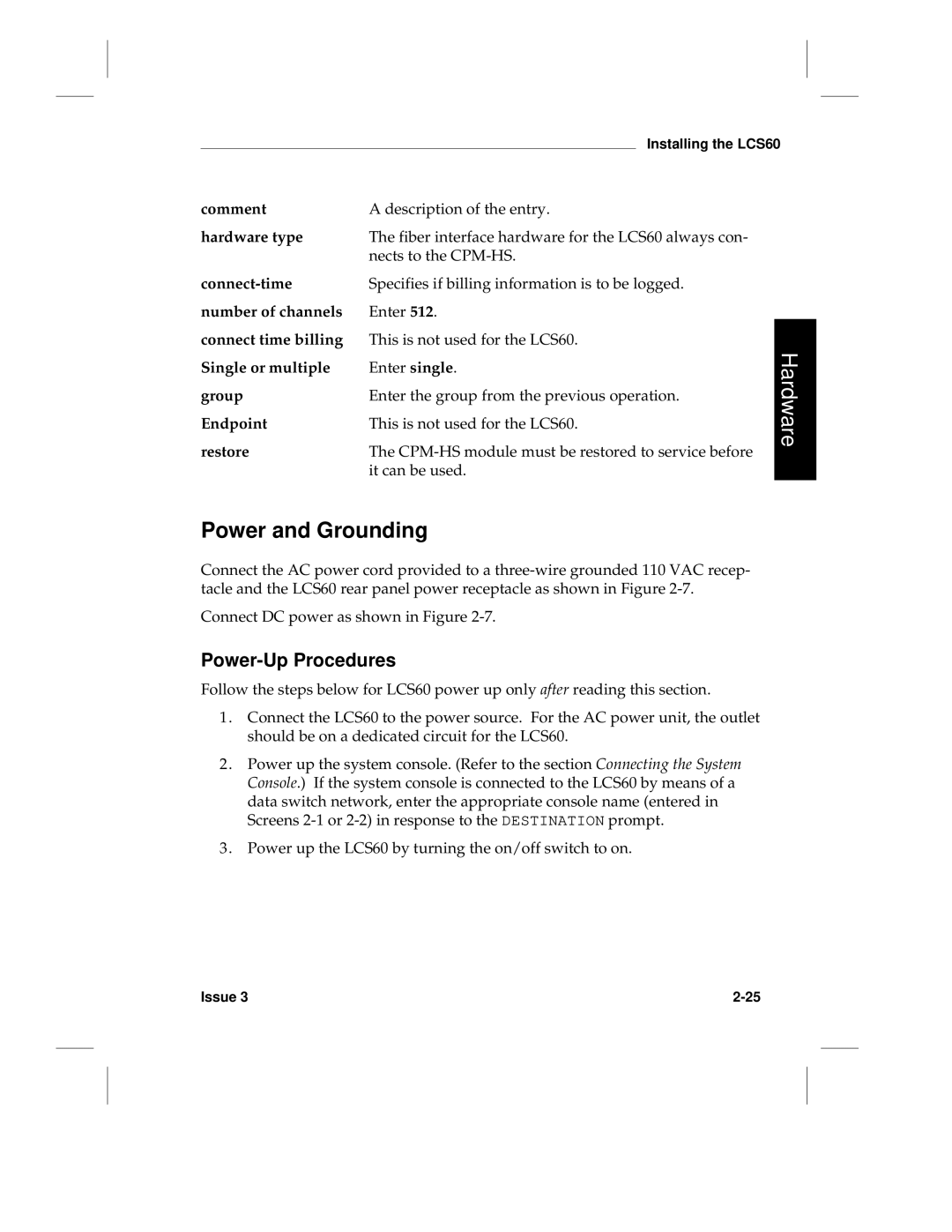 HP LCS60 manual Power and Grounding, Power-Up Procedures 