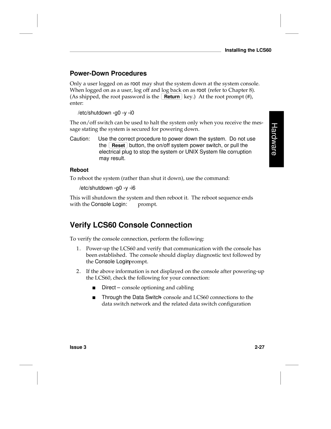 HP manual Verify LCS60 Console Connection, Power-Down Procedures, Etc/shutdown -g0 -y, Reboot 