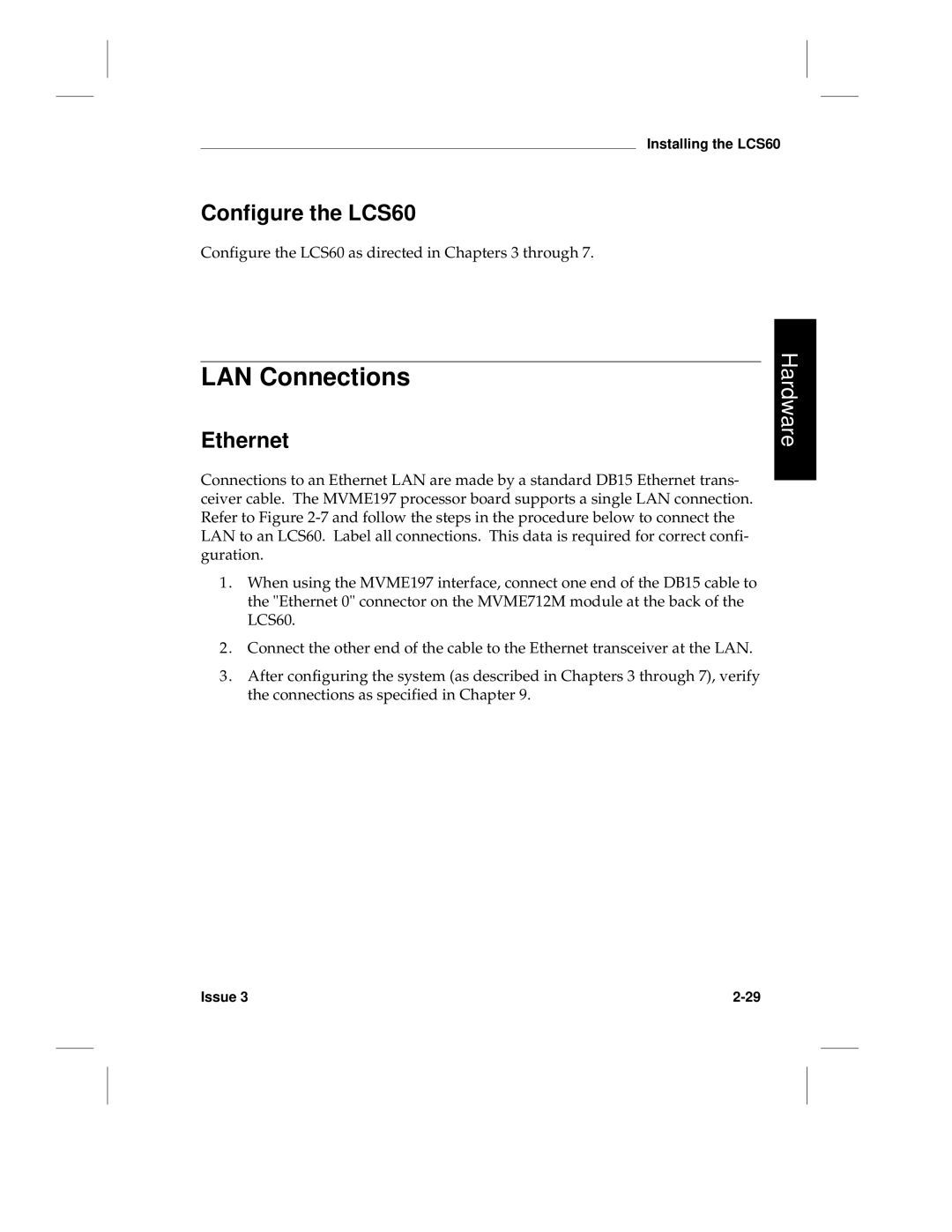 HP manual LAN Connections, Ethernet, Configure the LCS60 as directed in Chapters 3 through 