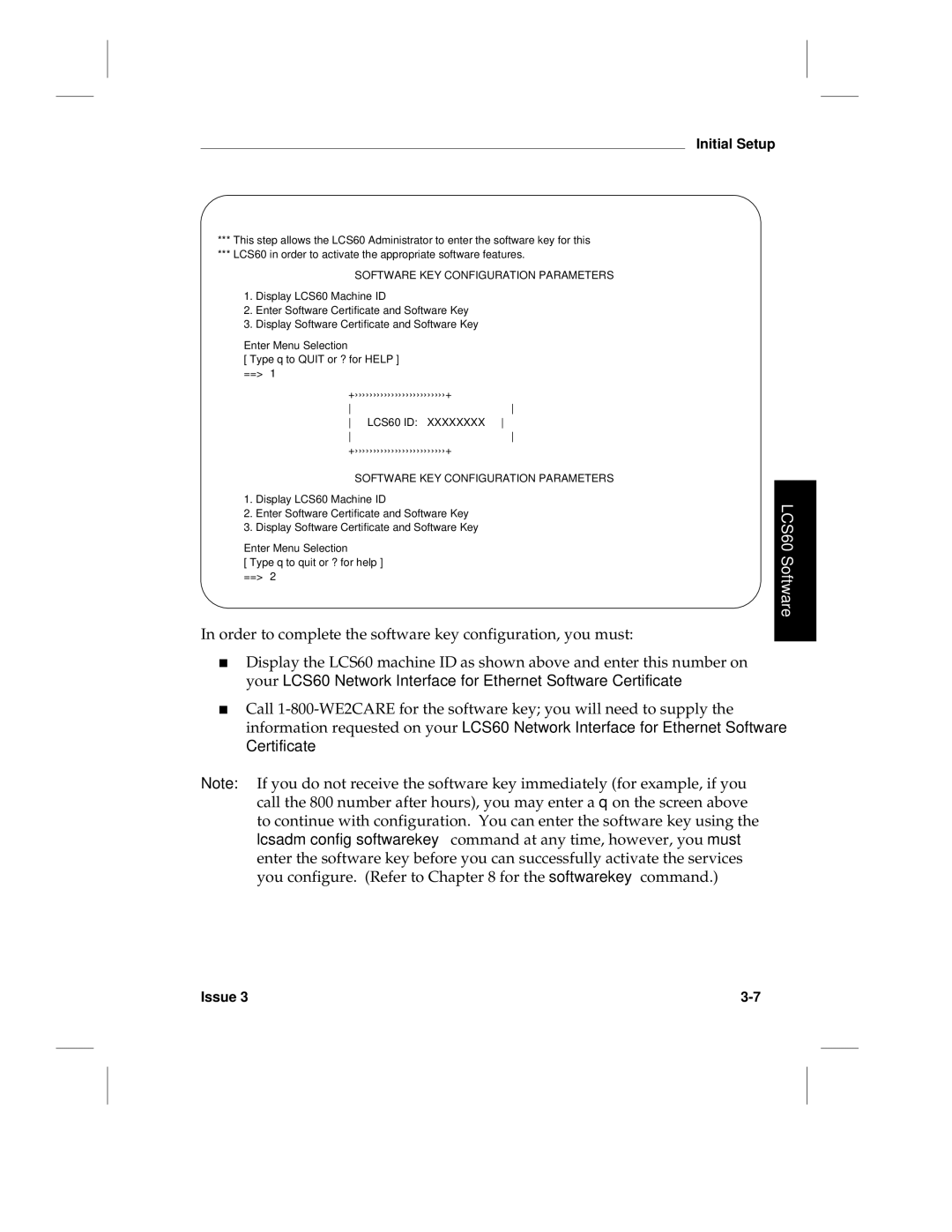 HP manual Software KEY Configuration Parameters, LCS60 ID 