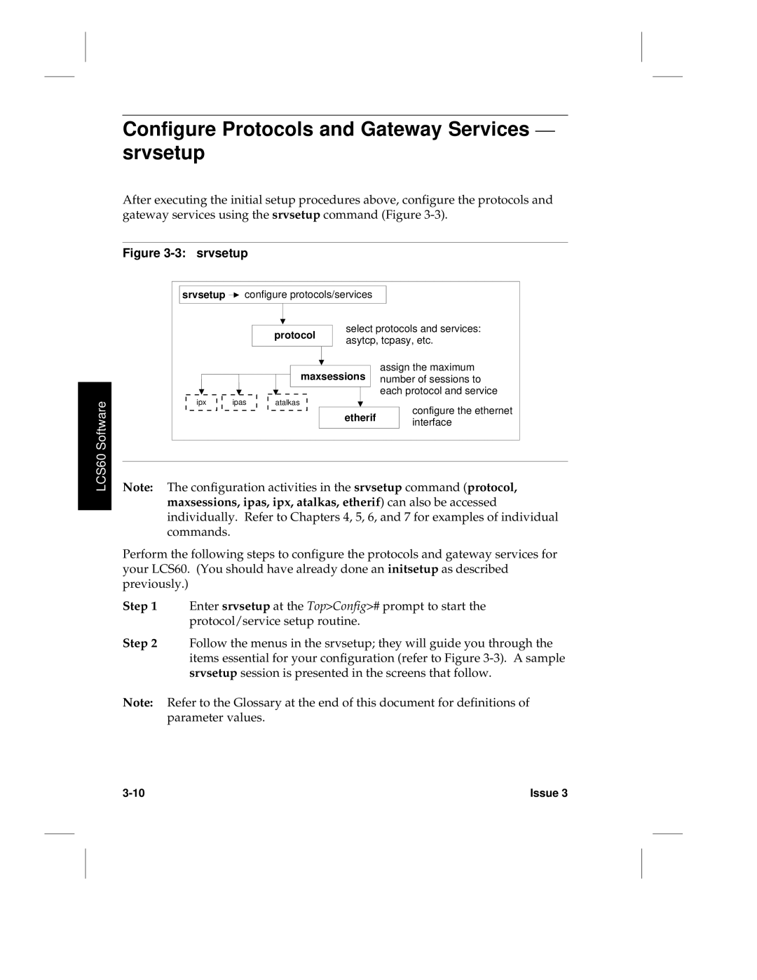 HP LCS60 manual Configure Protocols and Gateway Services srvsetup, Srvsetup 