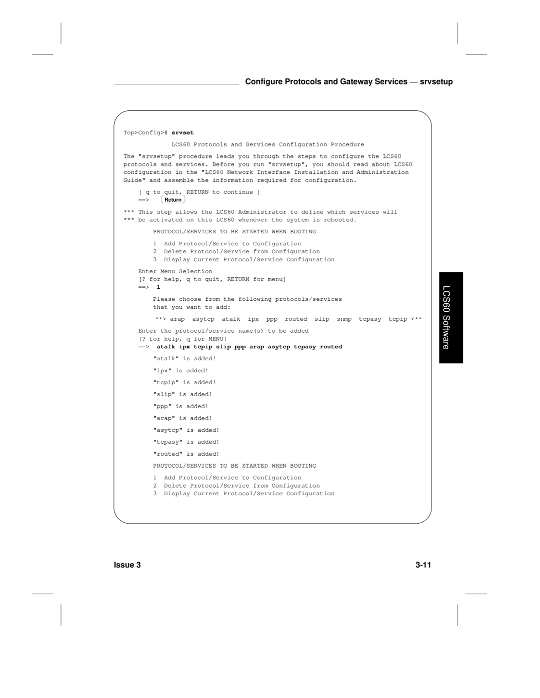 HP LCS60 manual Configure Protocols and Gateway Services srvsetup, PROTOCOL/SERVICES to be Started When Booting 