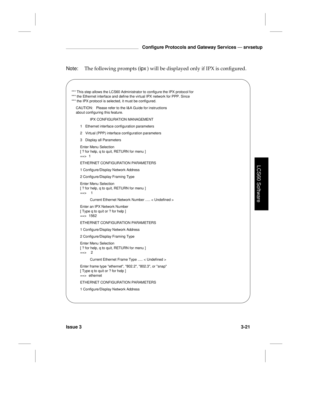 HP LCS60 manual IPX Configuration Management, Ethernet Configuration Parameters, == ethernet 