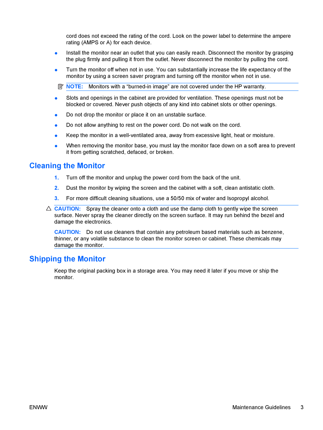 HP LD4700, LD4200 manual Cleaning the Monitor, Shipping the Monitor 
