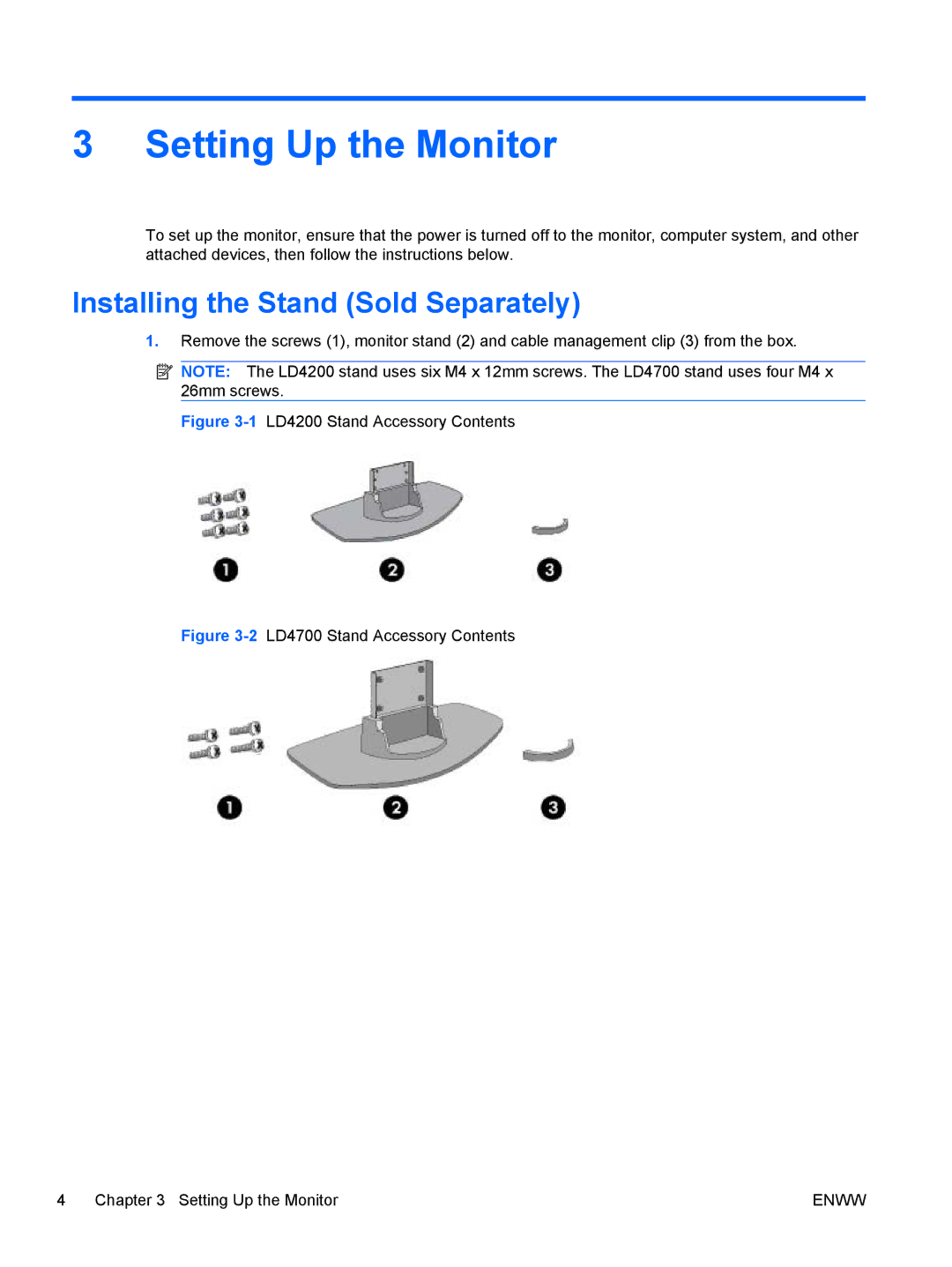 HP LD4200, LD4700 manual Setting Up the Monitor, Installing the Stand Sold Separately 