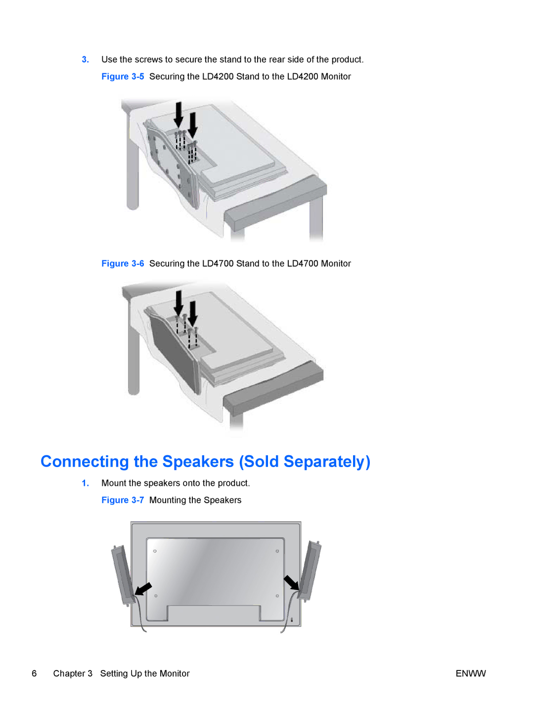 HP LD4200 manual Connecting the Speakers Sold Separately, 6Securing the LD4700 Stand to the LD4700 Monitor 