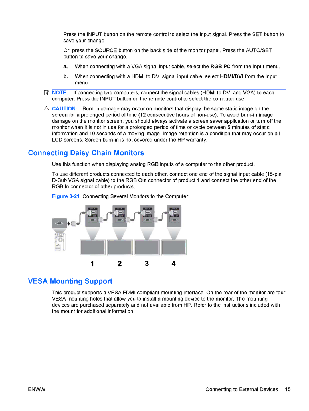 HP LD4700, LD4200 manual Connecting Daisy Chain Monitors, Vesa Mounting Support 