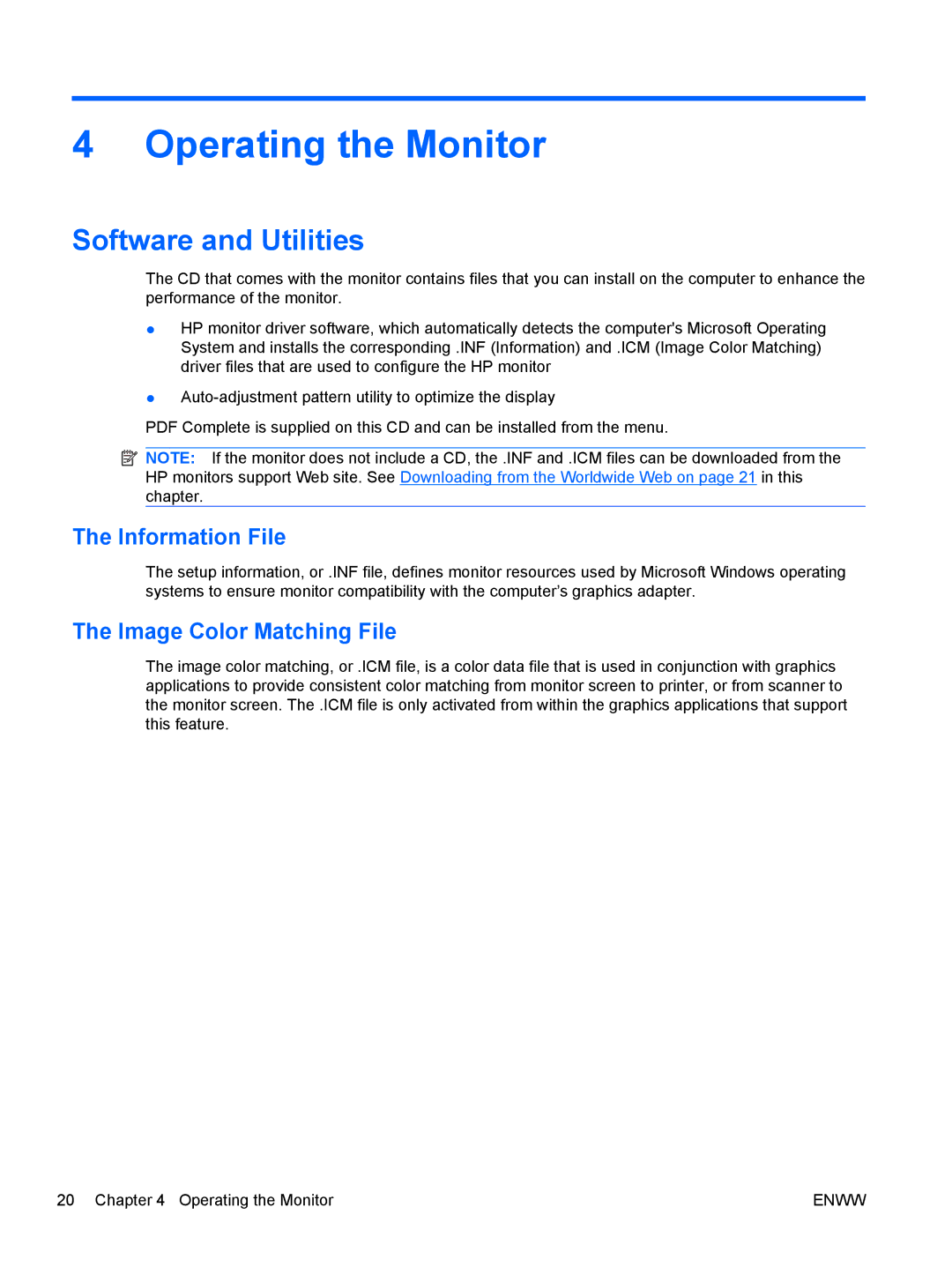 HP LD4200, LD4700 manual Operating the Monitor, Software and Utilities, Information File, Image Color Matching File 